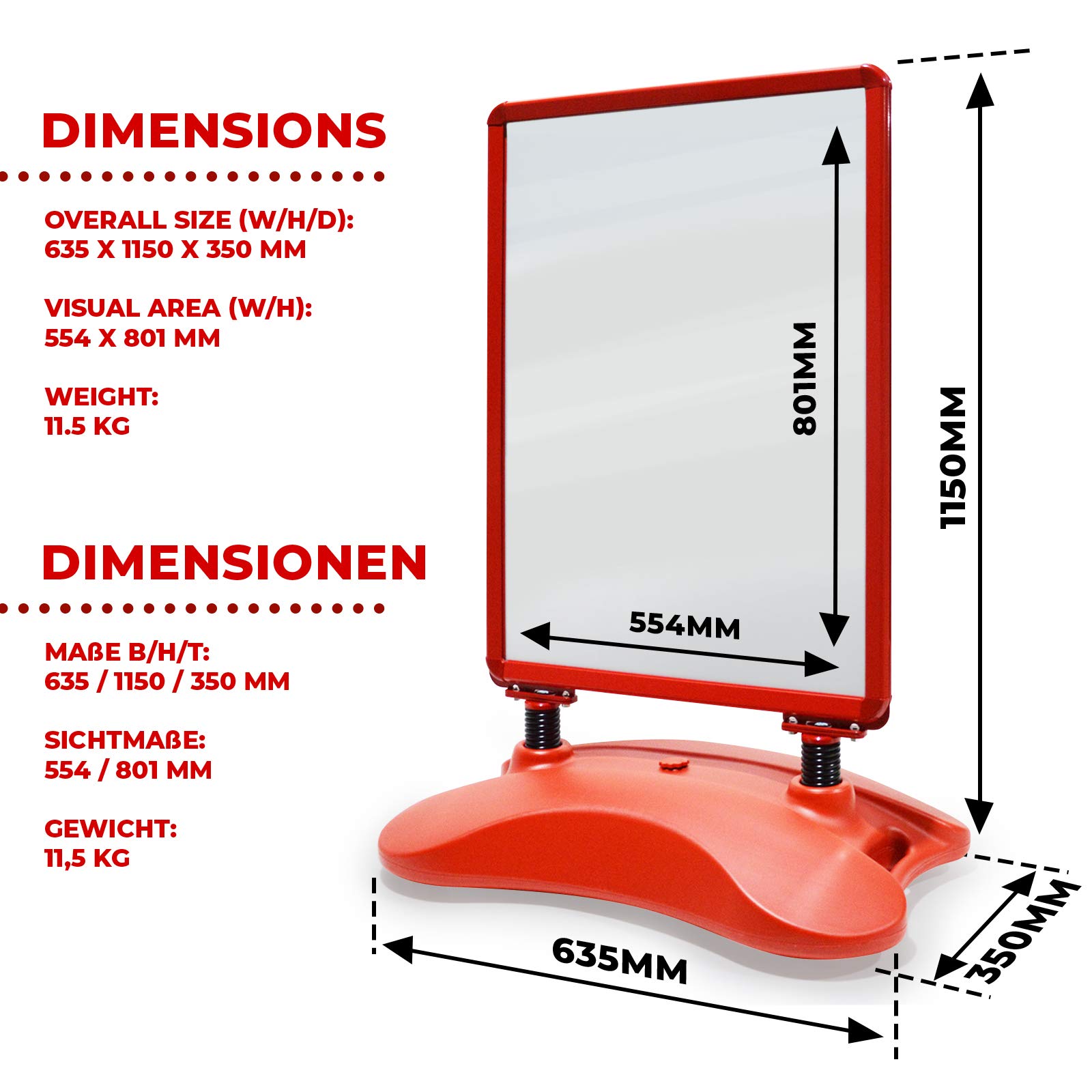 Jago® Porte Affiche - Cadre A1, Double Face, Haute Qualité, Durable, Robuste, Pratique, Remplissable à Eau/Sable, Portable, Rouge - Panneau Affichage Exterieur, Presentoir A4, Tableau d'Affichage