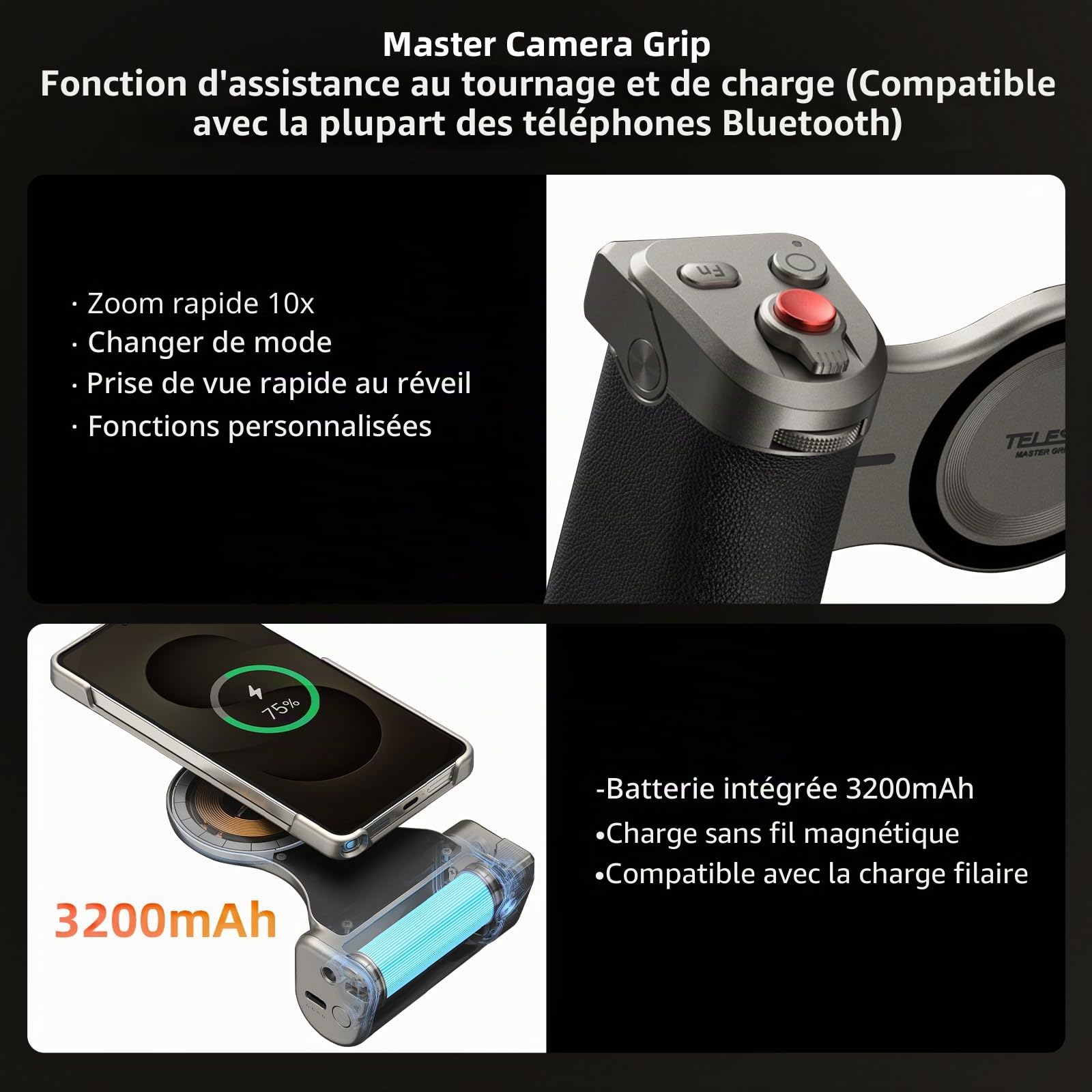 Master Grip pour Samsung Galaxy S26 Ultra,Magnetic Photo Grip Kit avec Batterie 3200 mAh,Filtre ND16,Flash Magnétique pour Téléphone avec étui Magsafe S26 Ultra,Professional Shooting Kit Smartphone