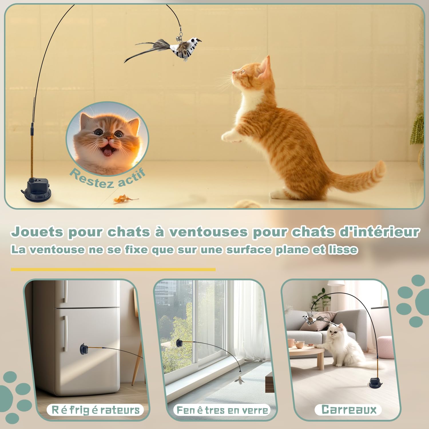 7-en-1 Jouet Chat Interactif, Ventouse Collante Lavable, Jeu pour Chat Oiseau Qui Bouge Interieur, Jouets Suspendus pour Chats, Bâtonnets Herbe à Chat et Corde à Mâcher, Oreiller en Peluche