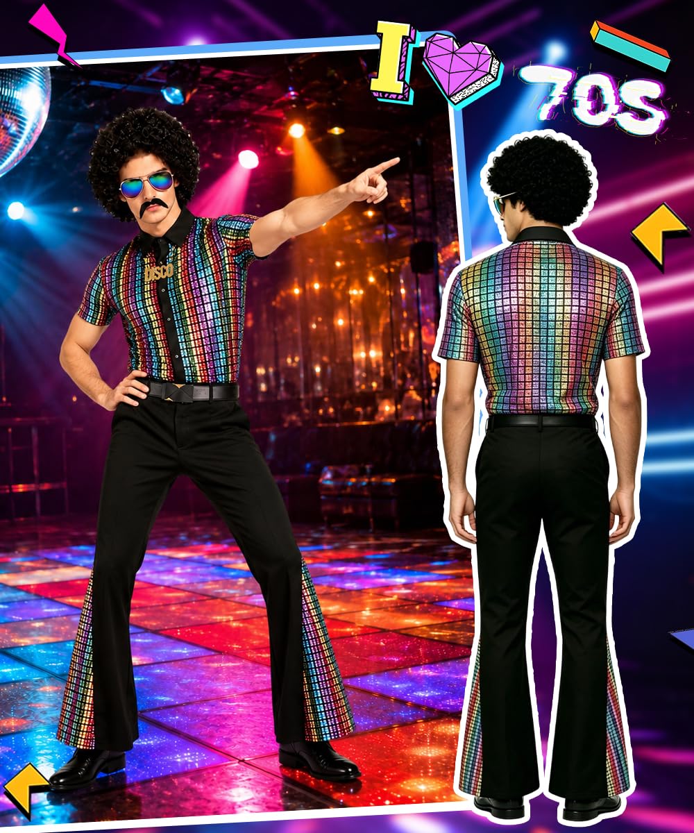 Disfraz Años 70 Hombre, Disfraz Disco Hombre con Peluca, Barba y Collar, Disfraces Disco años 60 y 70 para Carnaval, Fiestas, Halloween, Cumpleaños y Cosplay