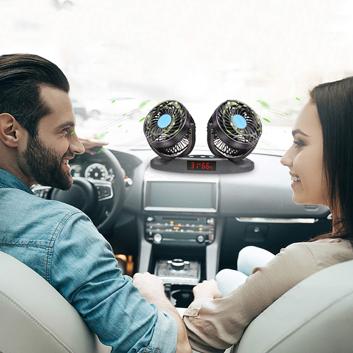 Ventilatore Auto 12V Doppia Testa, Ventilatore Raffreddatore a 12 Velocità con Rotazione a 360°, Ventilatore da Auto da 5" con Display LED Temperatura e Umidità per Camion, SUV, Camper e Barche