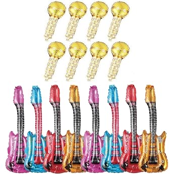 Pack of 16 Inflatable Guitar Inflatable Microphone Inflatable Musical Instrument Inflatable Rock Guitar Rock Star Toy Inflatable Party Props for Children Adults Party Decoration