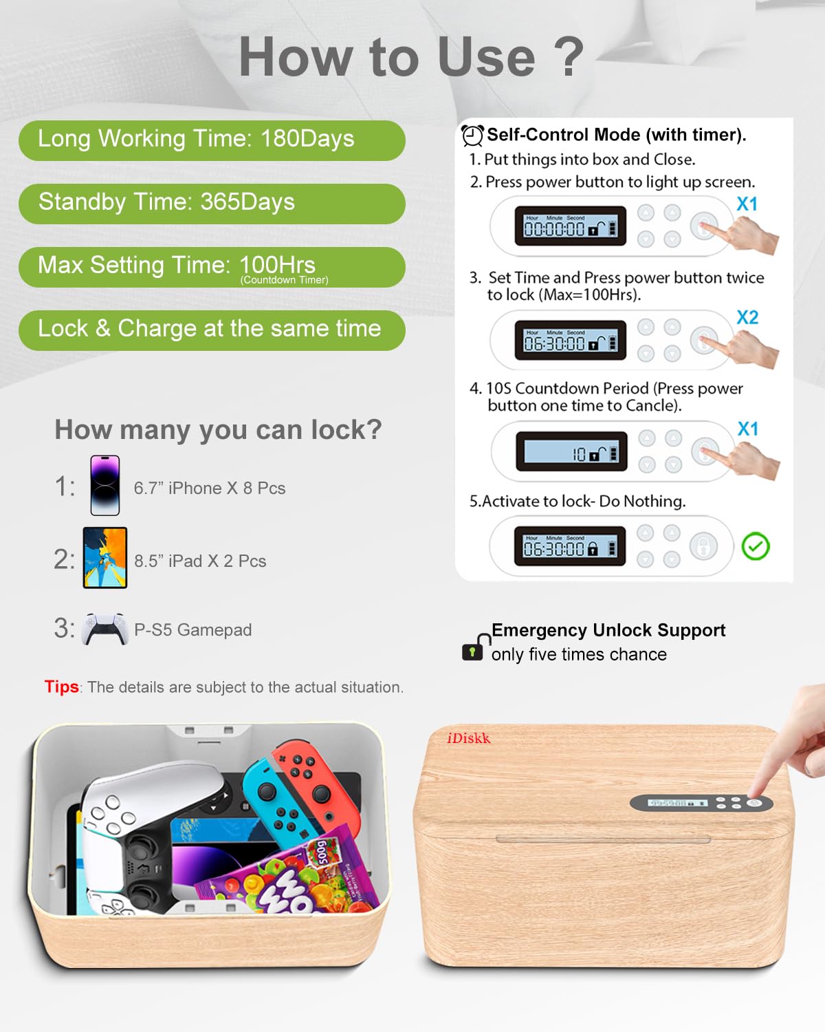 iDiskk Coffre-fort sécurisé avec minuterie, boîte de verrouillage de téléphone avec minuterie, retirer la prise des téléphones, jeux vidéo, coffre-fort téléphonique, fermetures temporelles, boîte de