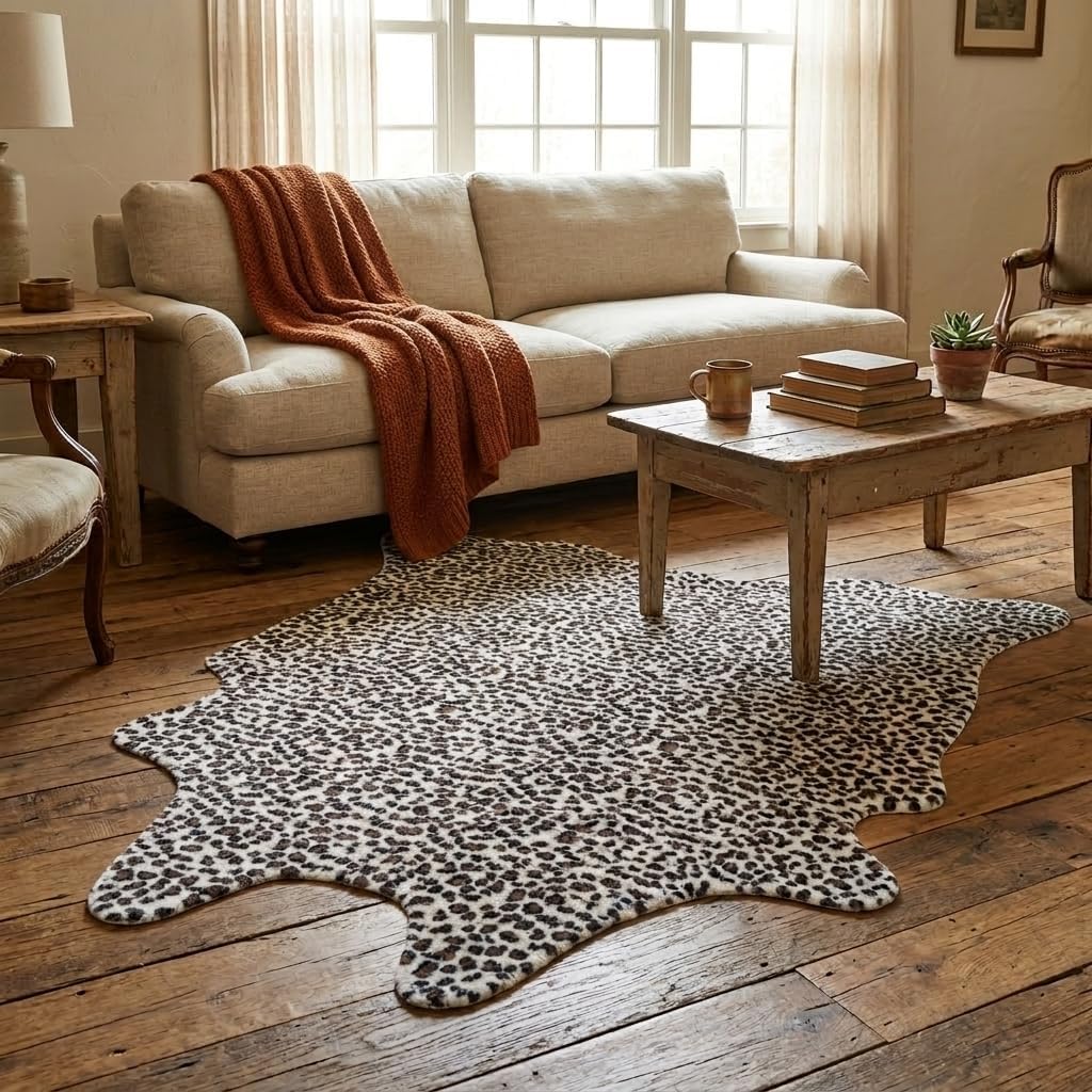 MustMat Faux Leopard Rug - Cheetah Print Rug,Area Rugs Western Decor (White/Brown, 4'7" x 5'2")