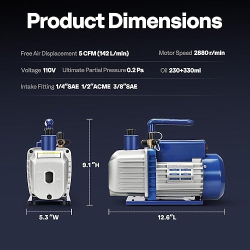 Miniatura 7 de VIVOHOME Bomba de vacío HVAC de 12 HP 5 CFM 2 etapas A2L, motor sin chispas para sistemas R32 R1234yf R454B R134a R22 R410a, bomba de vacío