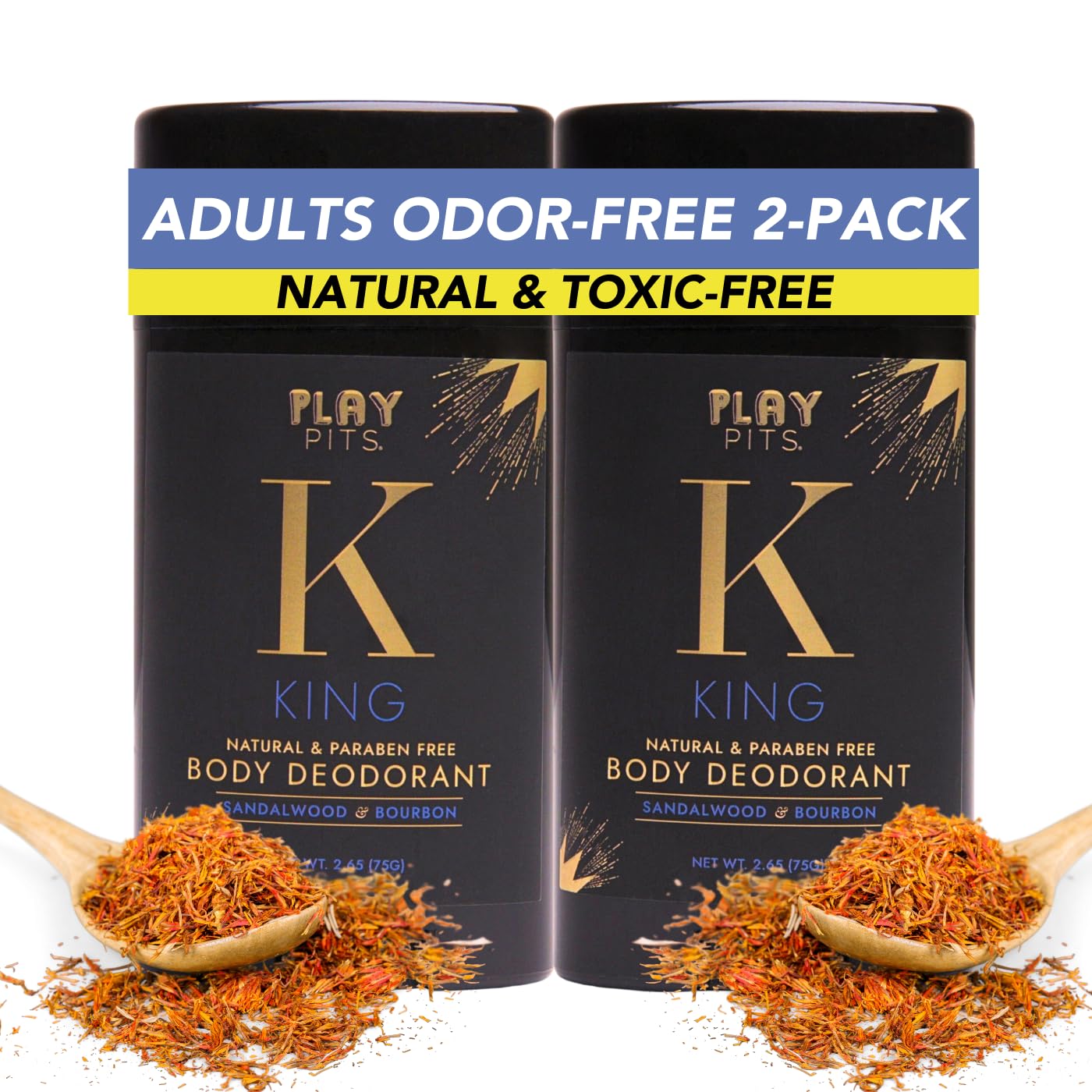 PLAY PITS - 2 Pack - Natural Deodorant - Safe for Men & Women w/Sensitive Skin - Clean, Non-Toxic, & Paraben Free – KING Scent - Infused w/Essential Oils – 2.65 Oz.