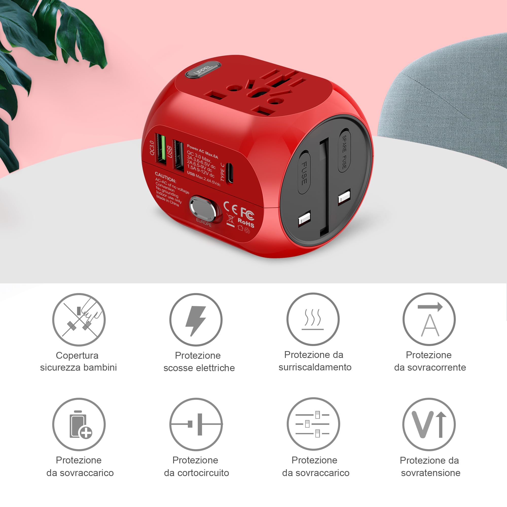 Milool Adattatore Universale da Viaggio con QC3.0 Quick Charge 2 Porte USB 3.0 e 1 Interfaccia Type-C US/EU/UK/AU in One Caricatore Multifunzioni per Oltre 180 Paesi, 2 Fuse (Spare Fuse) -Rosso