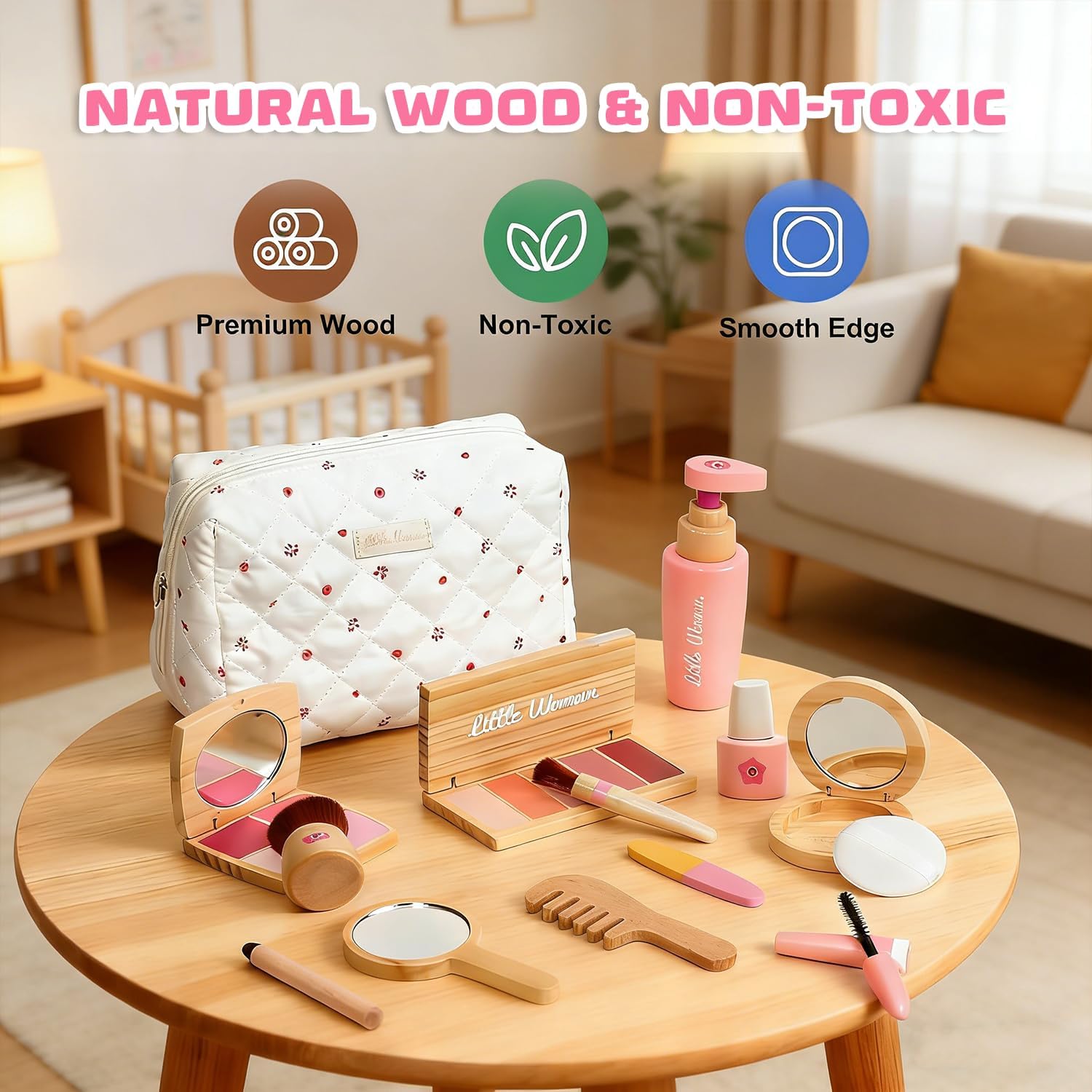 Wooden Makeup Toy Set for Girls: Pretend Makeup Play Set for Toddlers 3-5 - Kids Makeup Set with Eyeshadow/ Mascara/ Mirror/ Bag - Gifts Toys for 3 4 5 6 7 8 Years Old Kids Children