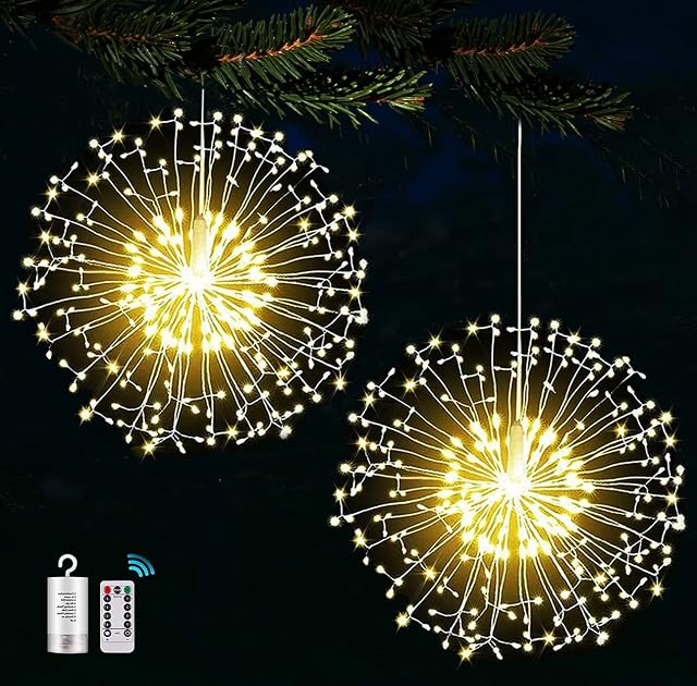 Joycome Firework Lights 2 Pack 198 LED Starburst Lights Battery Operated, 8 Modes Christmas Hanging Lights with Remote, Timer, Waterproof Starburst Fairy Lights for Garden Indoor Outdoor Decorations
