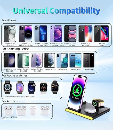 Miniatura 3 de Estación de carga plegable 4 en 1 con luz, cargador inalámbrico rápido para iPhone 11 12 13 14 15 16 y Apple Watch Series y Air Pods, Galaxy S9 10