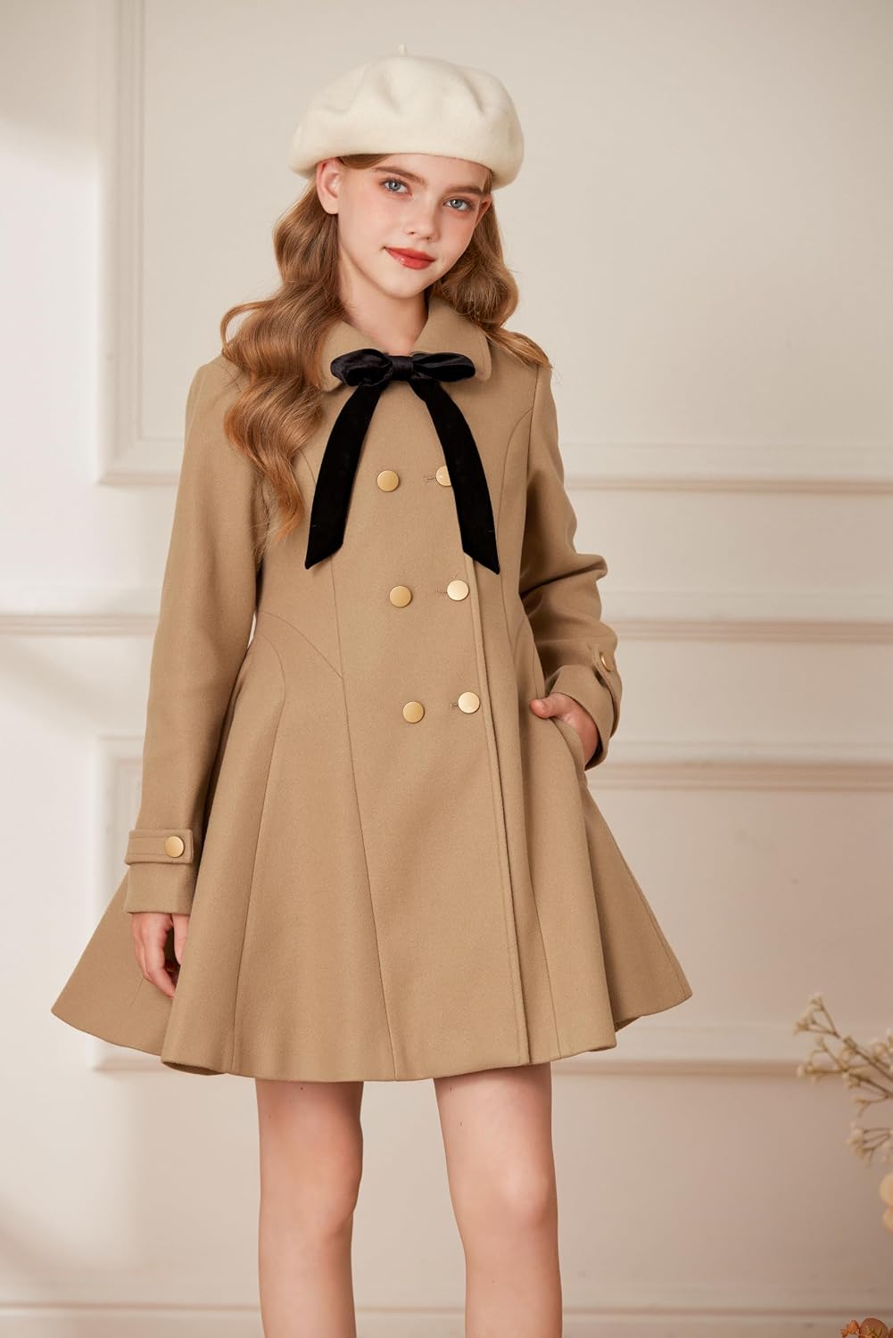 GRACE KARIN Girls Dress Coat Fall Winter Double Breasted Peacoat Bow Pocket