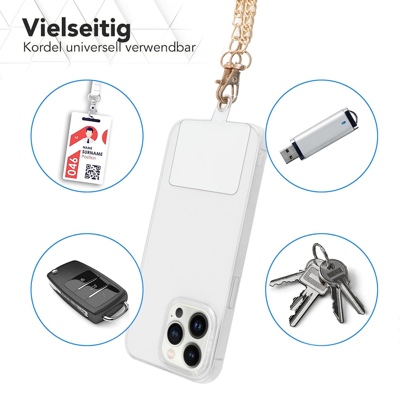 Cordon Téléphone Portable Universel – Avec 2 Patchs – Pour Cou Ou Poignet – Compatible Smartphones – Coloris Or