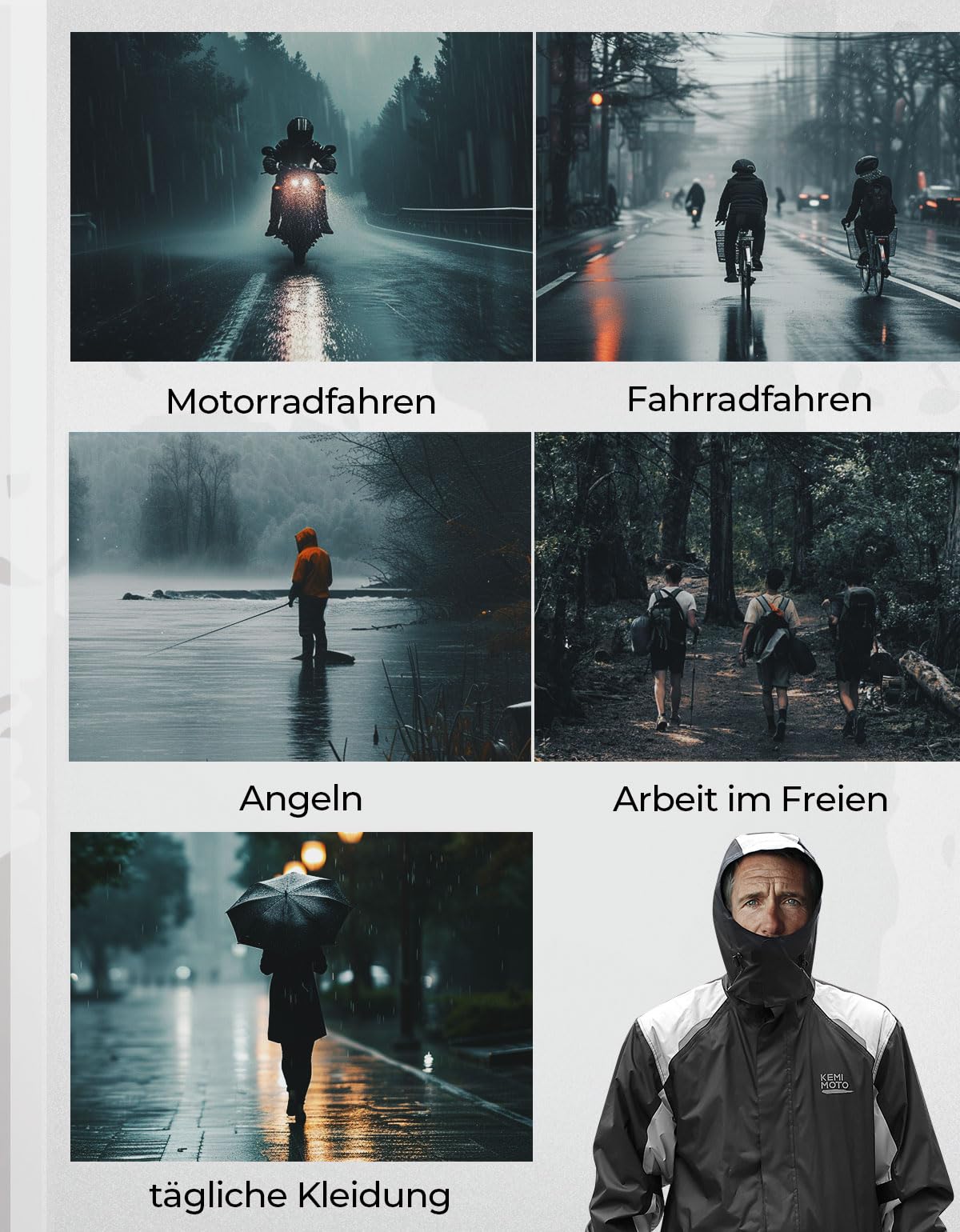KEMIMOTO Motorrad Regenanzug Herren, 15000MMH₂O Wasserdichter Winddicht Regenmantel, Reflektierender Atmungsaktiv Fahrrad Regenbekleidung, Teilig Regenjacke für Roller Angeln Boot