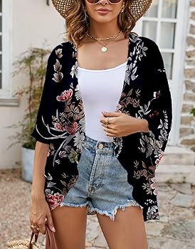 Honeeladyy Discount Bikini Cover Ups For Women Floral Print Chiffon Kimono Cardigan Sheer Bathing Suit Cover Up Summer Beach-wear Shawl D Black