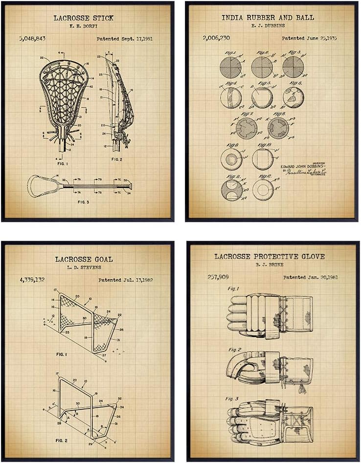 Lacrosse Patent Art Prints - Vintage Wall Art Poster Set - Chic Rustic Home Decor for Boys, Kids, Teens Room, Office, Man Cave, Dorm, Family or Game Room - Gift for Sports Fans - 8x10 Photo - Unframed