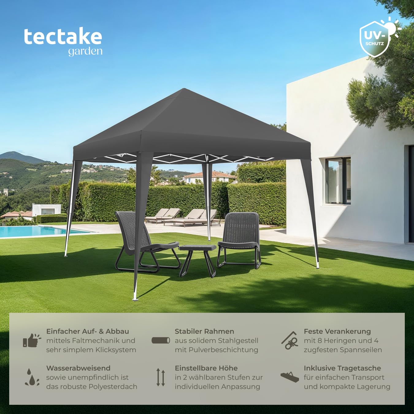 tectake® Pavillon 3x3, Gartenpavillon 3x3, wasserabweisend, höhenverstellbarer Faltpavillon mit Pop Up Klicksystem, Partyzelt für Garten, Festival, Camping, mit Spannseile, Heringe und Tasche - grau