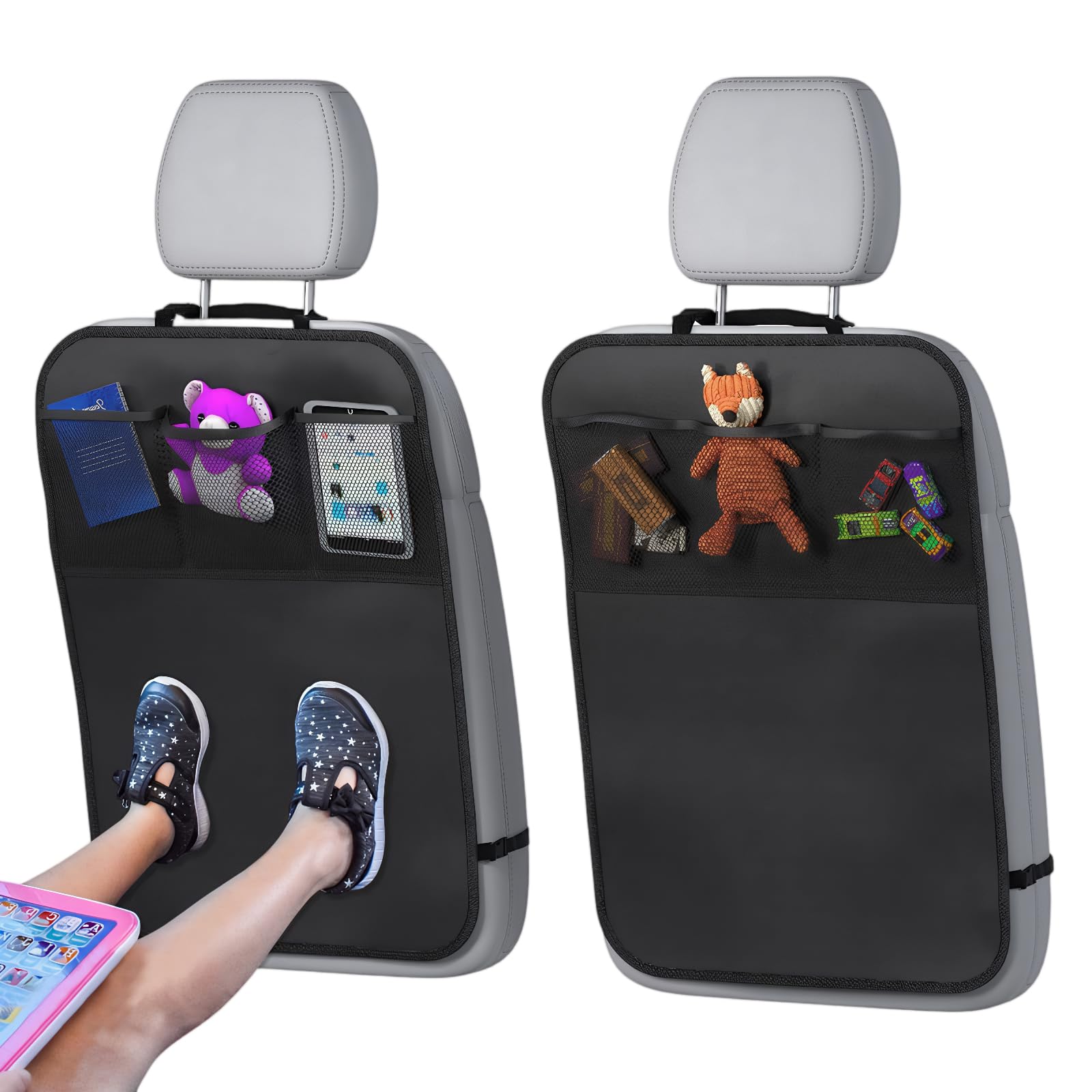 Lot de 2 Protection Siège Voiture Enfant, Protege Siege Arrière Voiture avec 3 Poches Organisatrices et Sangle Réglable, Imperméable et Résistant aux Taches, Universel Housse Siege Auto pour Enfants