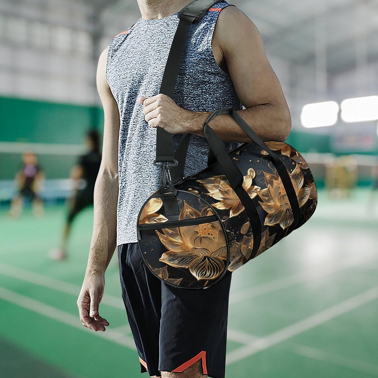 Aesthetic Sports Bag for Women Boho Gold Flowers Printed Duffle Travel Bag for Men Women Mini Workout Bags Cylindrical Gym Bag