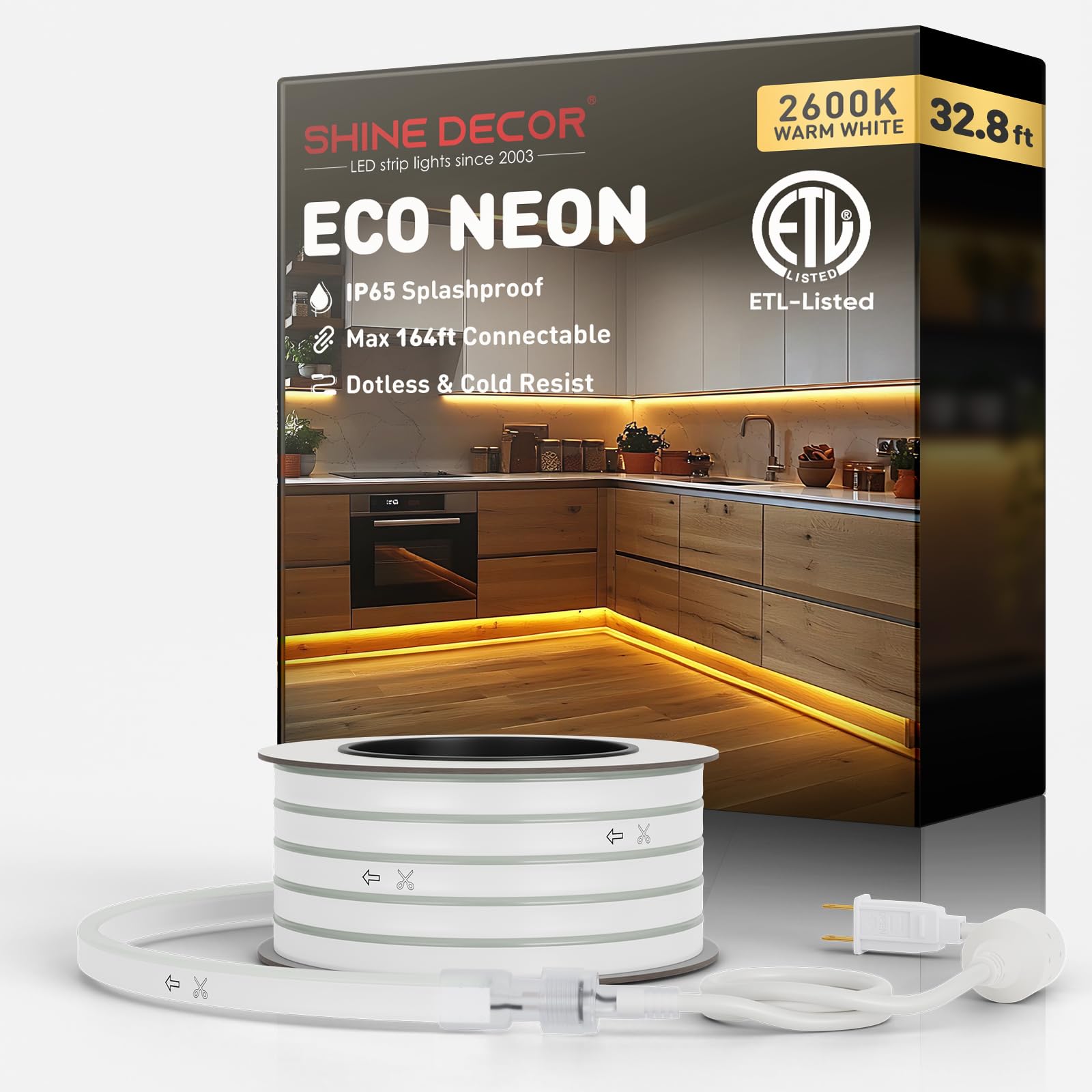 Shine Decor LED Rope Lights AC 120V, Connectable & Cuttable Dotless 120LEDs/M Eco Neon Strip Lighting, ETL IP65 Waterproof & Weather-Resistant for Home Commercial, 8x16mm, 2600K Warm White, 32.8FT