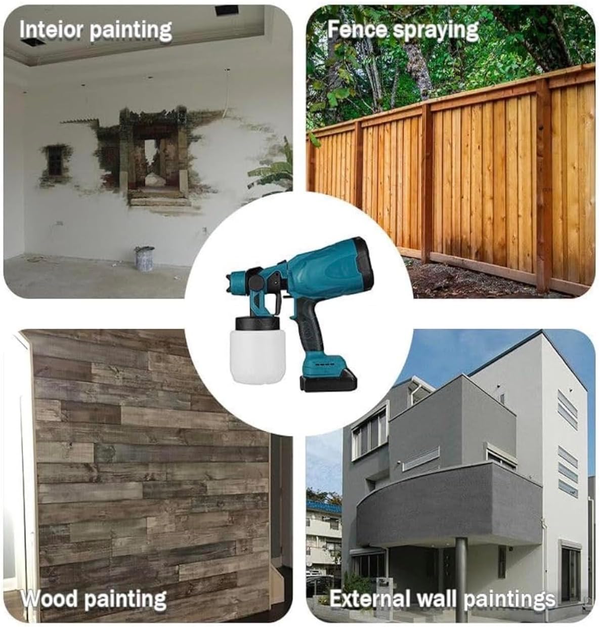 Image showing the Zmtf Cordless Paint Sprayer Gun and examples of its applications: interior painting, fence spraying, wood painting, and external wall paintings.