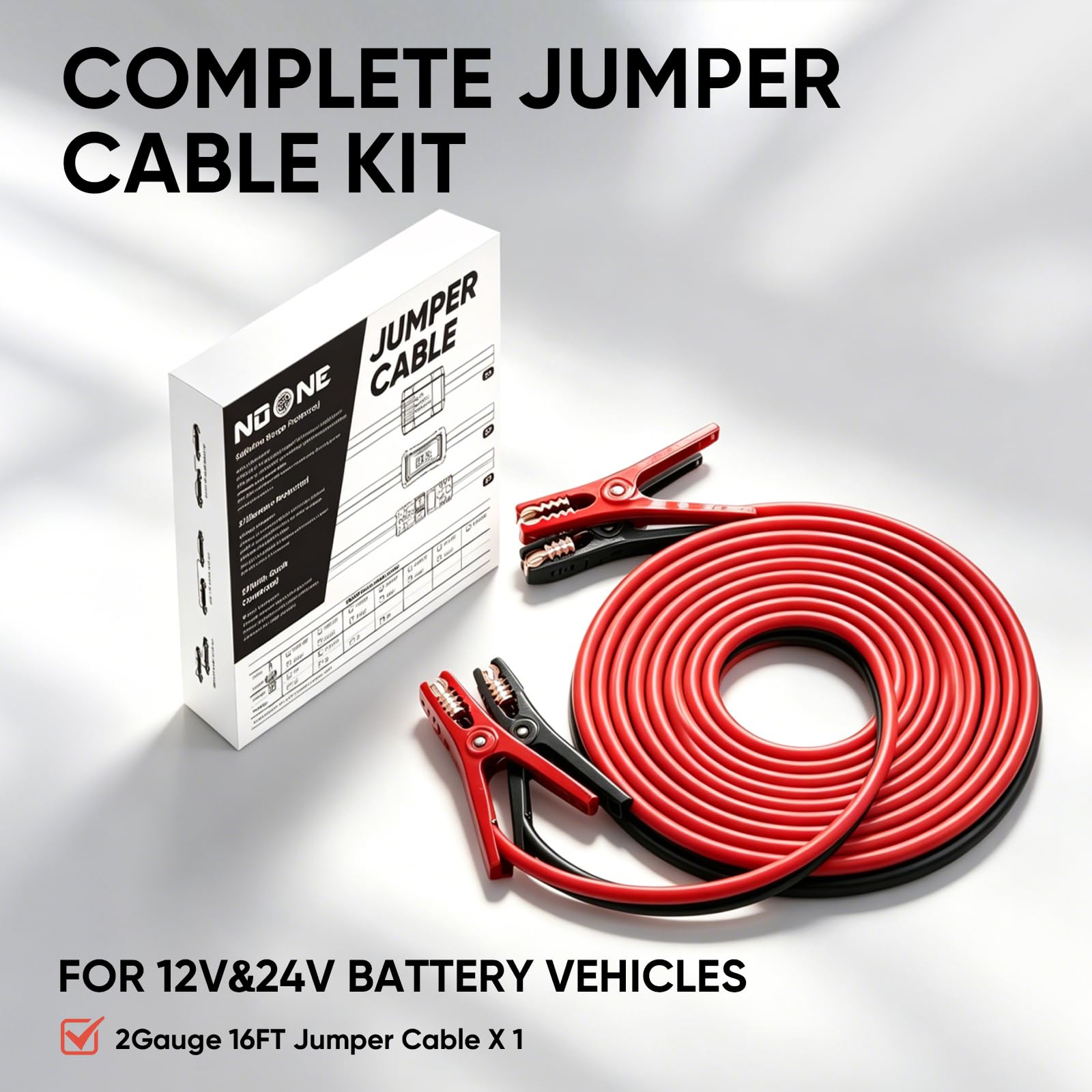 NOONE - Cables de puente para batería de coche, calibre 2 de 16 pies, cables de arranque de coche para arrancar con salto, baterías muertas o débiles (2 AWG x 16 pies)