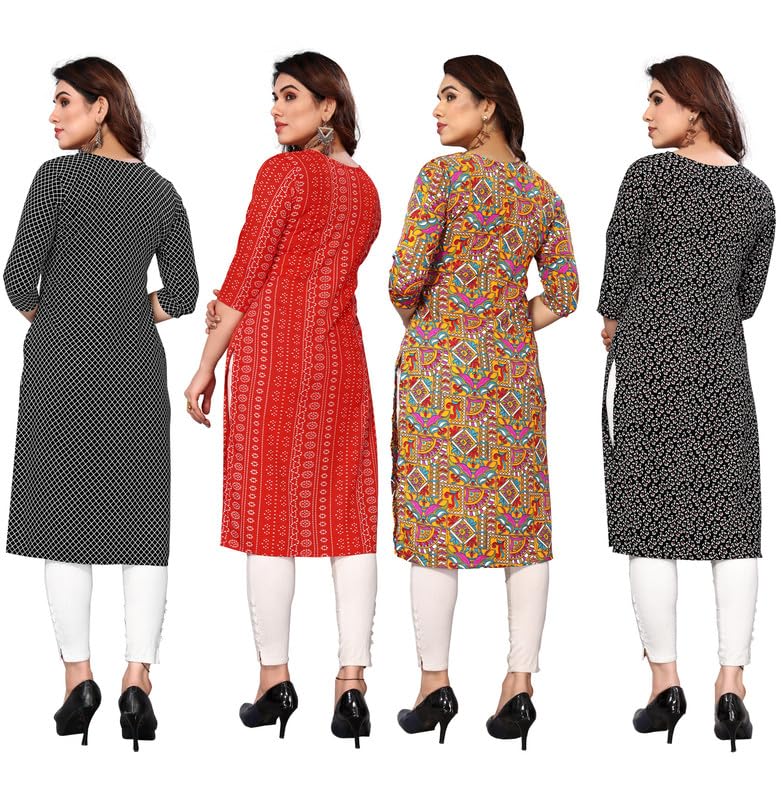 Image of JAKHANA Women's Crepe Printed Casual Straight Calf Length Round Nick Kurta Pack of 4