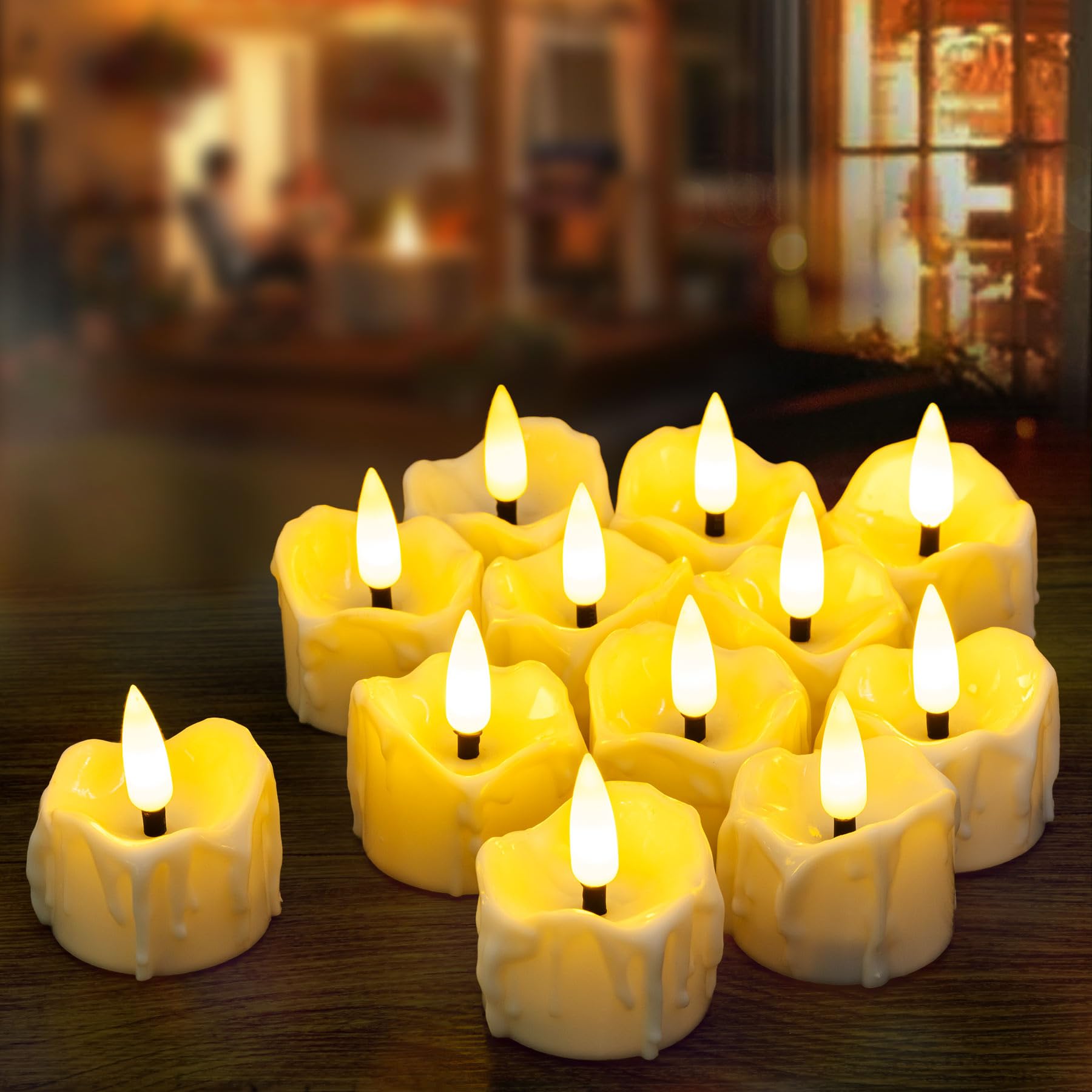 Yakpo 12 Pack LED Timer Tea Light Battery Operated, Flameless Flickering Votive Tealight Timer Candles, Small Electric Flicker Fake Candle Bulk for Christmas Party Halloween Pumpkin Light Decorations — image 1