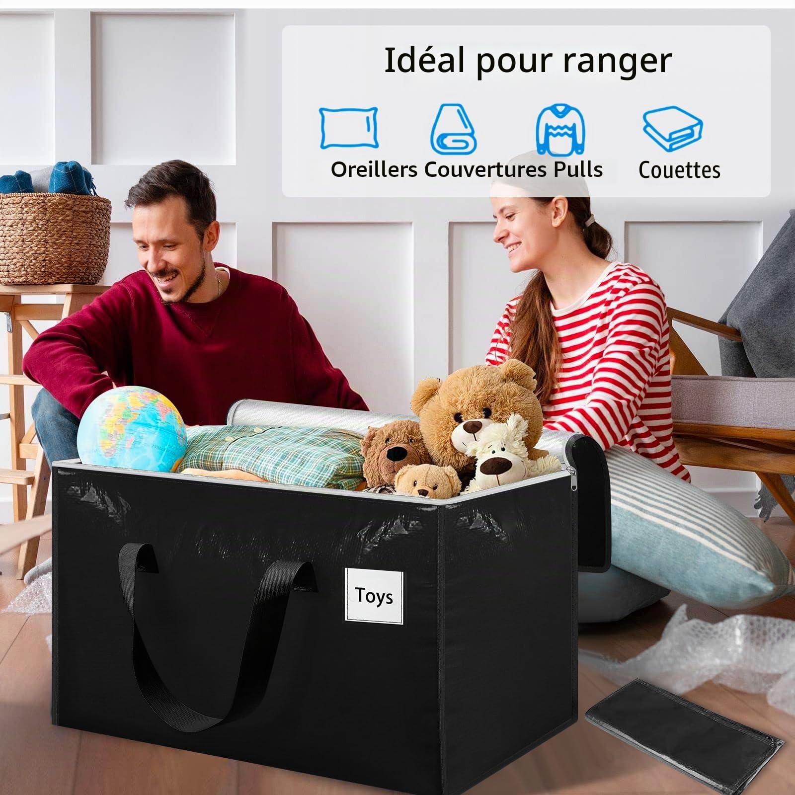 Withosent 100L Grand Sac de Rangement, Lot de 8 Imperméable Sacs de Déménagement avec Fermeture éclair et Poignée, Boite Rangement Vetement Couettes, Alternative aux Cartons Déménagement, Noir