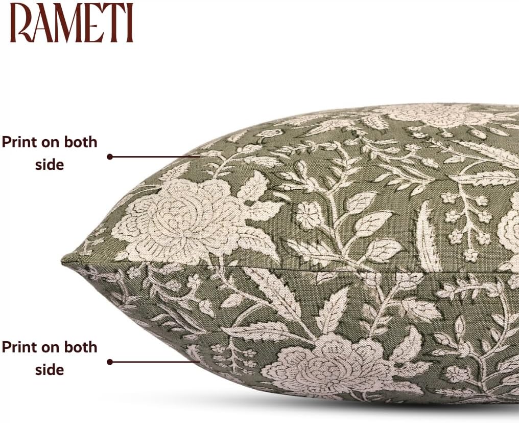 Studio 18x18 Block Print Pillow Covers – Set of 2 – sage Green – Handcrafted Cotton-Linen Decorative Throw Pillow Cases for Sofa, Couch, or Bed