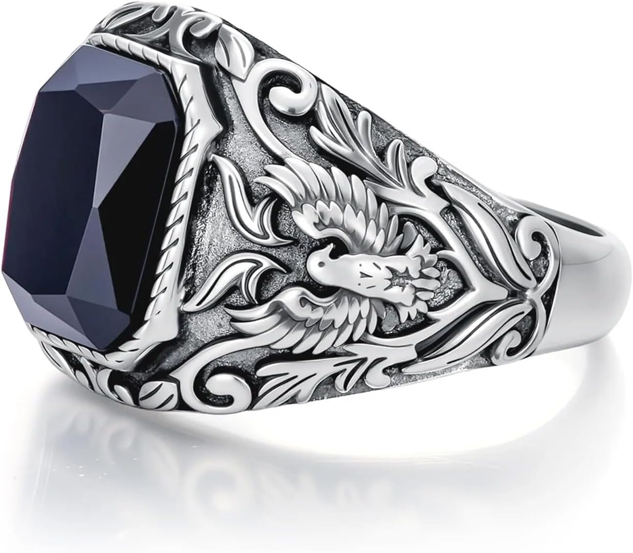 Men's Eagle Ring 925 Sterling Silver - Vintage Rectangular Black Onyx Ring, Masculine Animal Jewelry Gift for Him