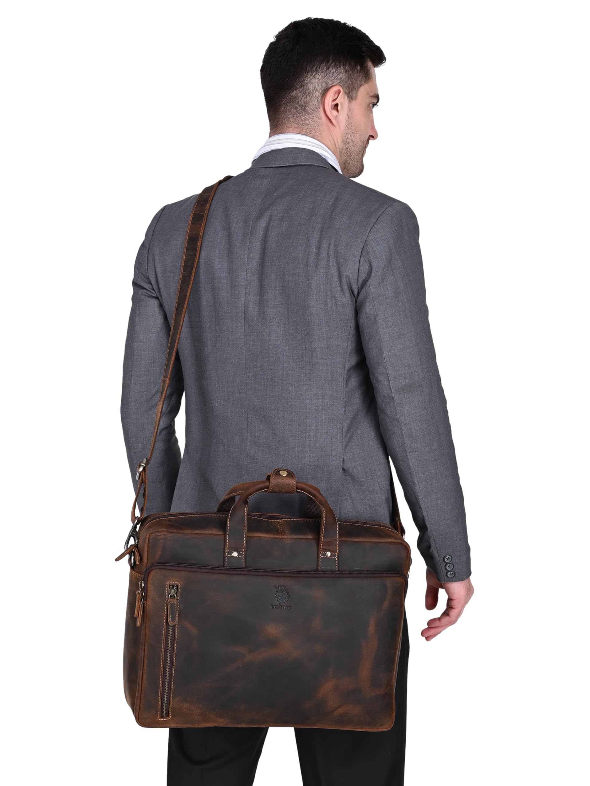 16 pulgadas Cazador hecho a mano Desesperado Cuero Portátil Hombro Maletín para Hombres Bolso Marrón Estilo Vintage Con Compartimento Acolchado Bolsillo Vertical
