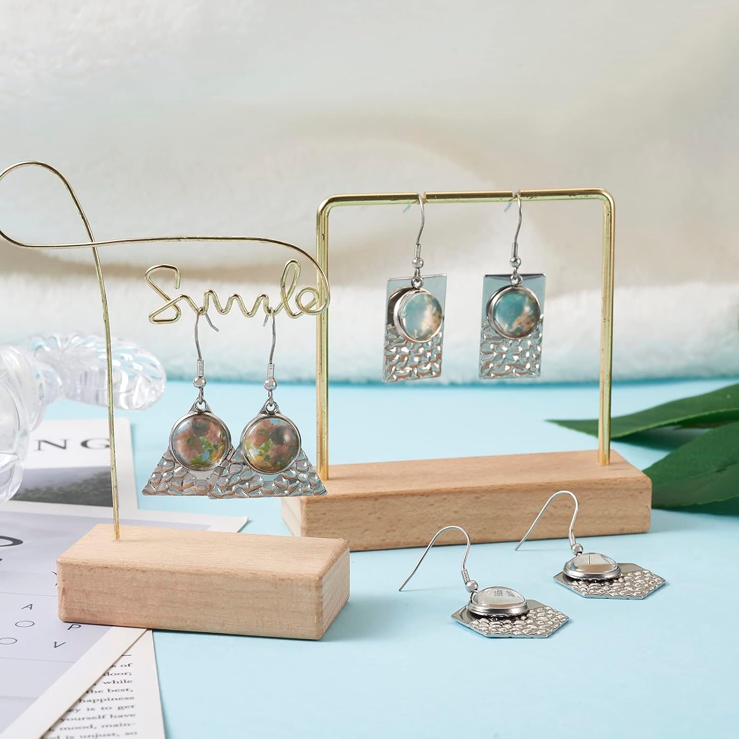 FASHEWELRY 24Pcs Stainless Steel Earring Bezel Trays Blank Geometry Wire Hooks with 12mm Round Glass Cabochon Earring Setting & Ear Nuts for DIY Jewelry Making