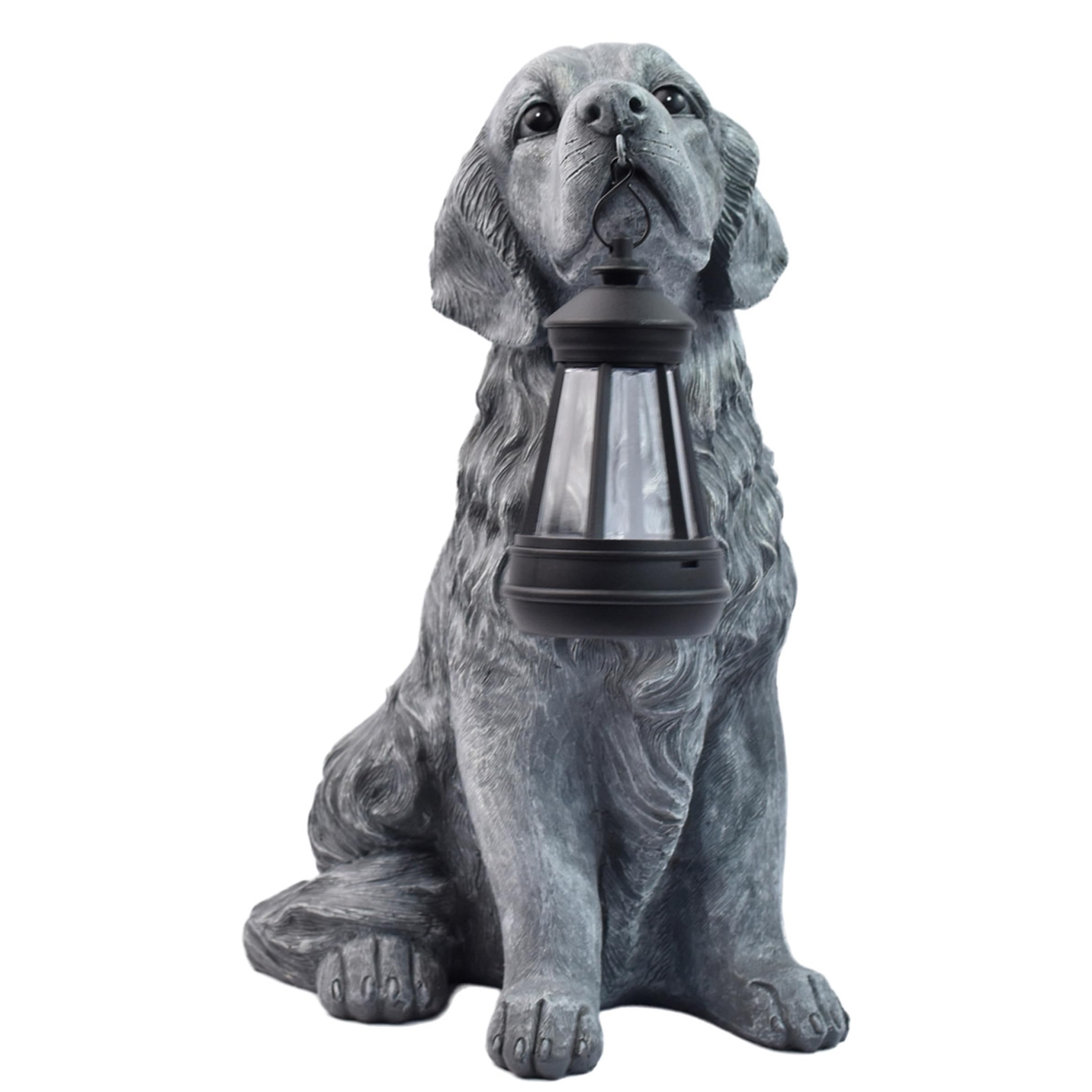 Luce solare per statua da giardino per cani color cemento, lanterna solare per statuetta per cani da esterno per cortile, patio, prato, luce decorativa per sculture di animali domestici