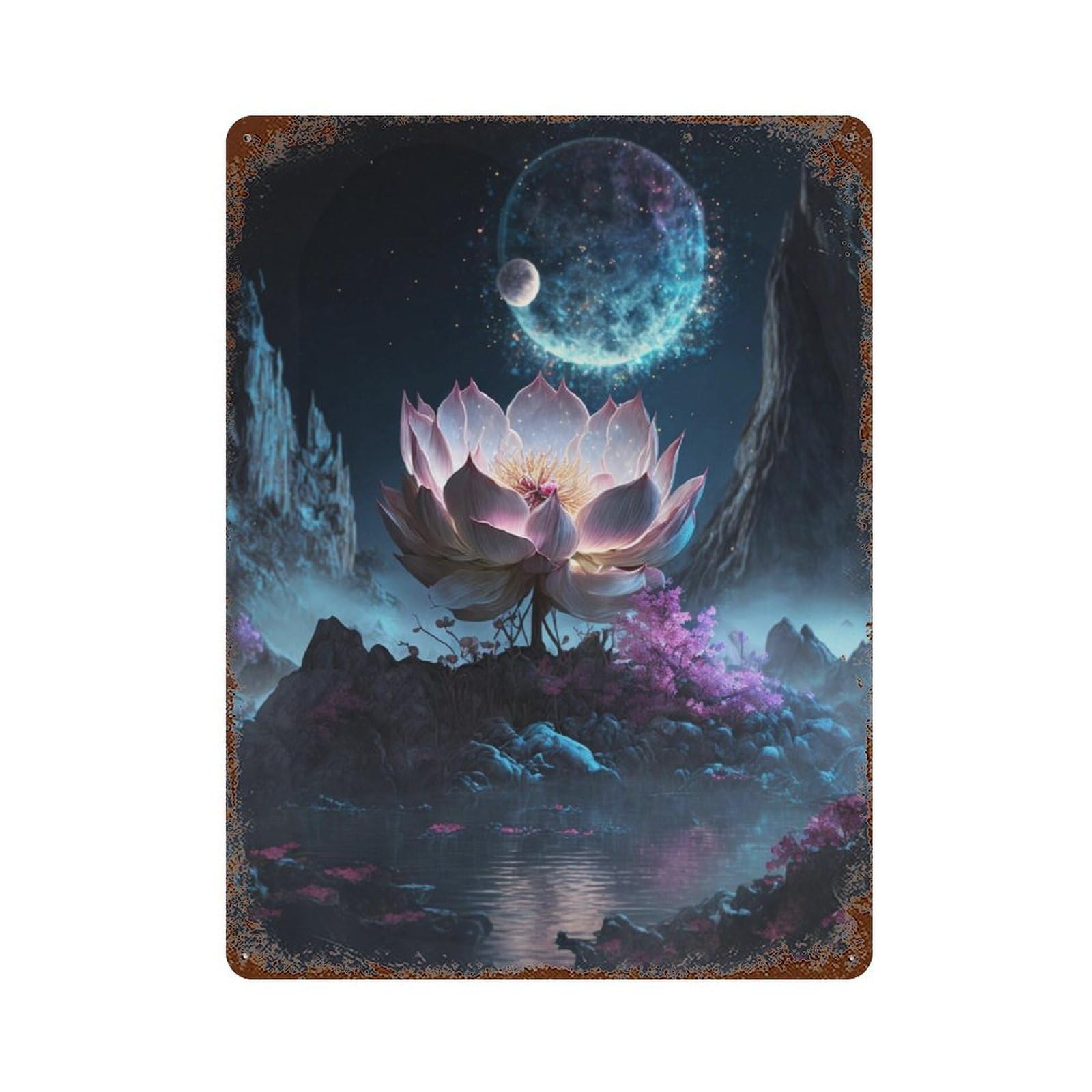 Garage Style Enchanted Lotus Pond Night Scene Aged Metal Wall Plaque 15.7"x11.8", Old School Wall Decor for Bar And Workshop