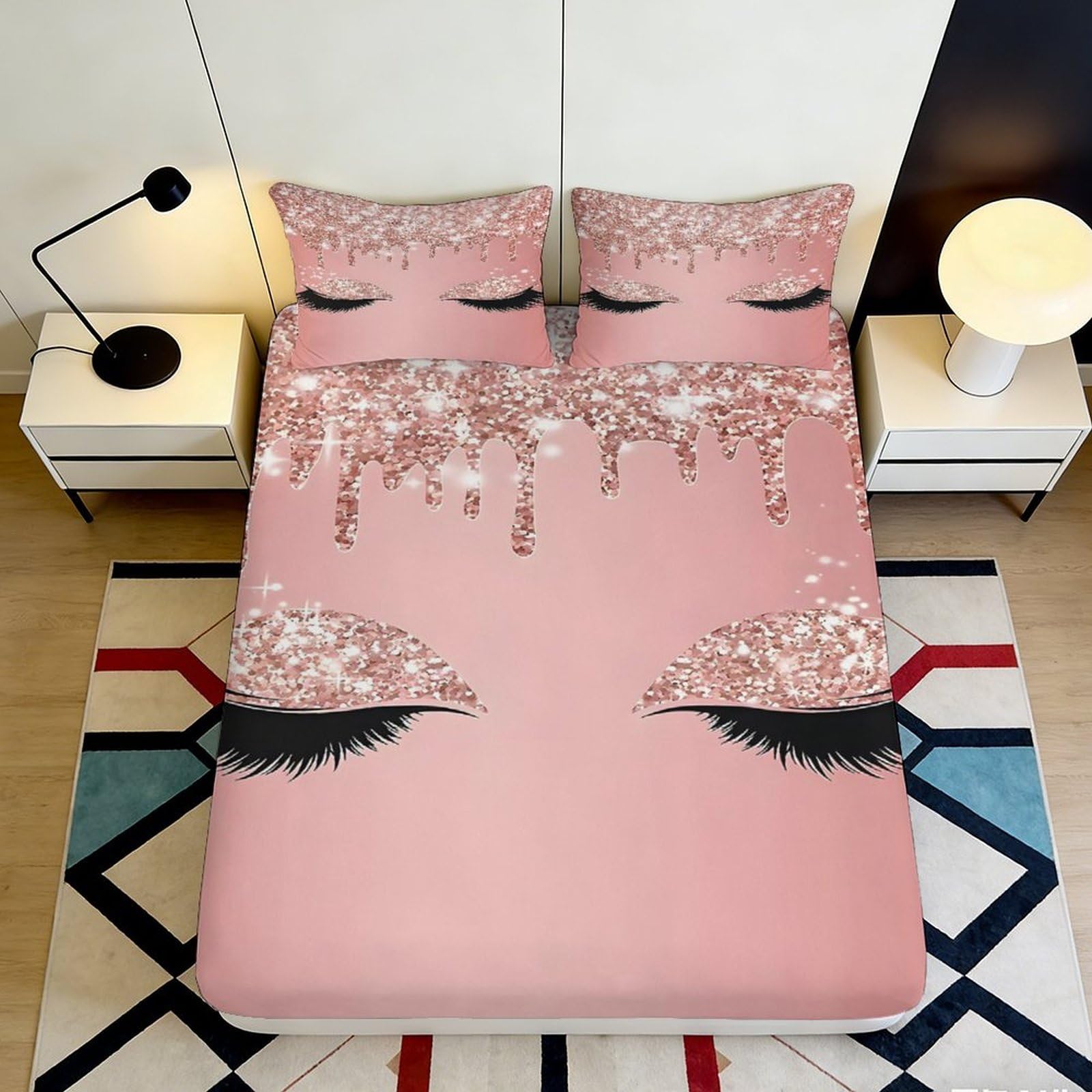 3D Printed Pink Glitter Drip Fitted Sheet Microfiber Soft Breathable Closed Eye Bed Cover for Bedroom Dormitory Guest Room Mattress Protection 160x200x25cm