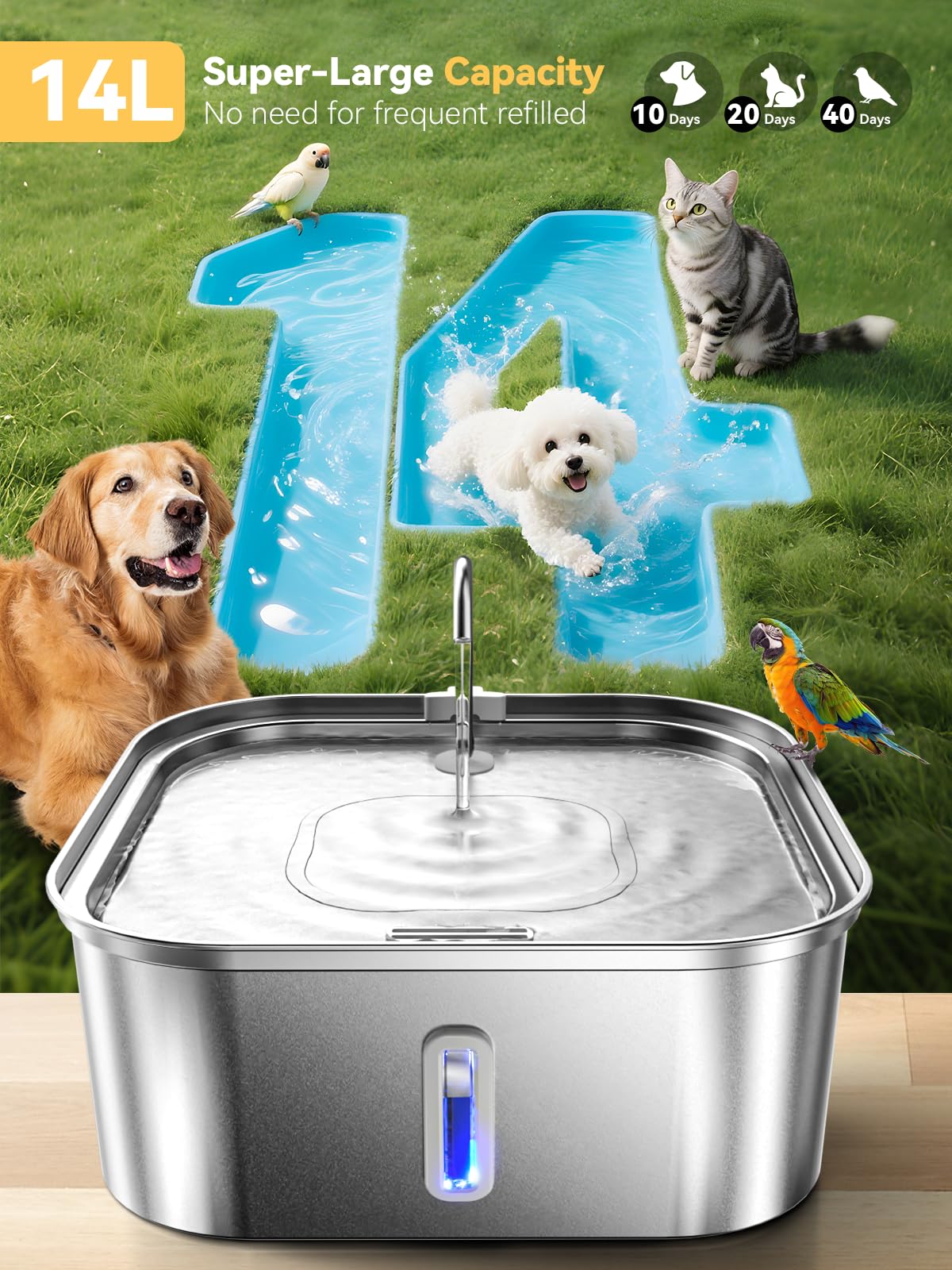 Grande fontana d'acqua per cani da 14 l, in acciaio inox, per cani di taglia grande e famiglie di animali domestici, finestra visibile e area per bere molto ampia, aumenta la capacità e consente di