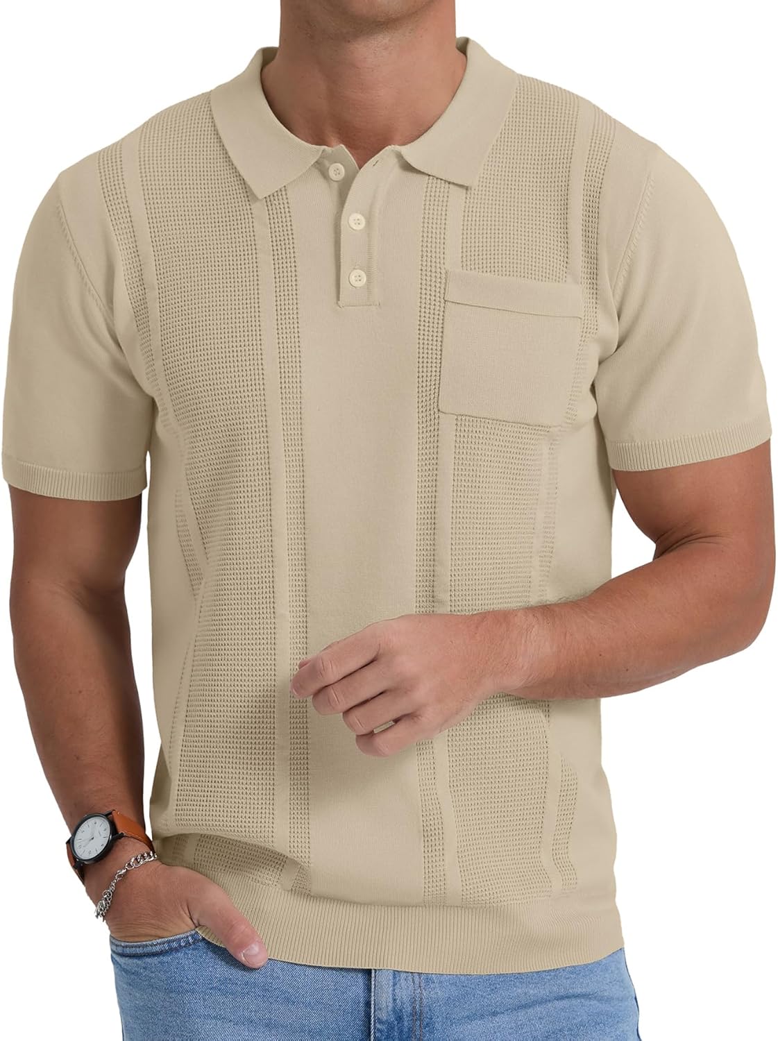 Sailwind Mens Textured Knit Polo Shirts Short Sleeve Summer Collared T Shirt with Pocket - Image 4