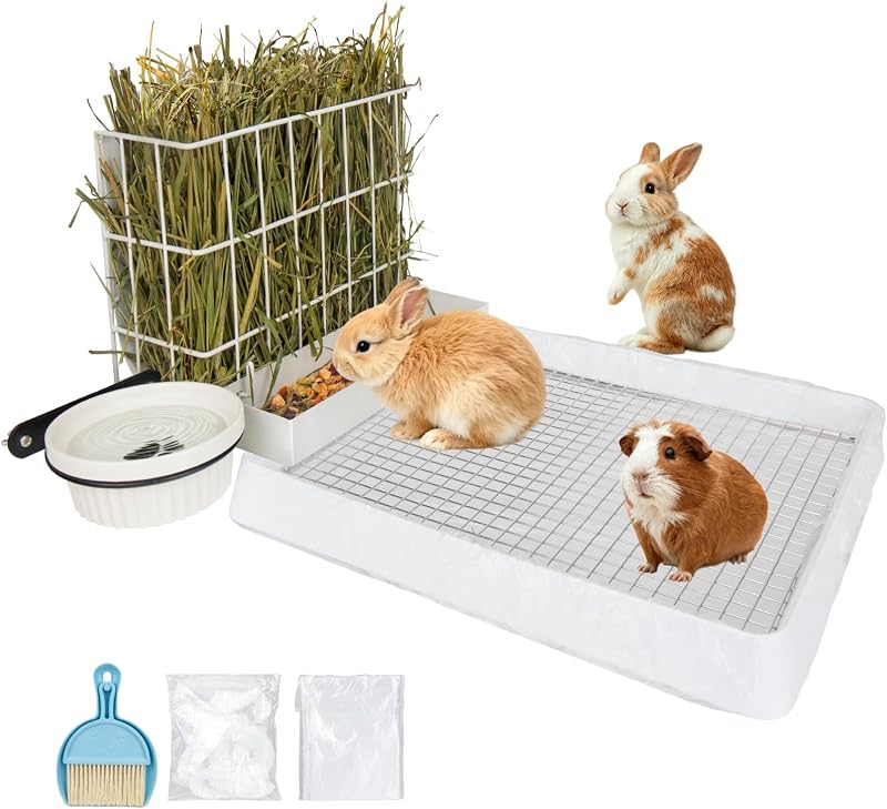 Comedouro Automático 3 em 1 para Coelhos e Porquinhos-da-Índia BESNEW com Feno, Bandeja Higiênica e Bebedouro