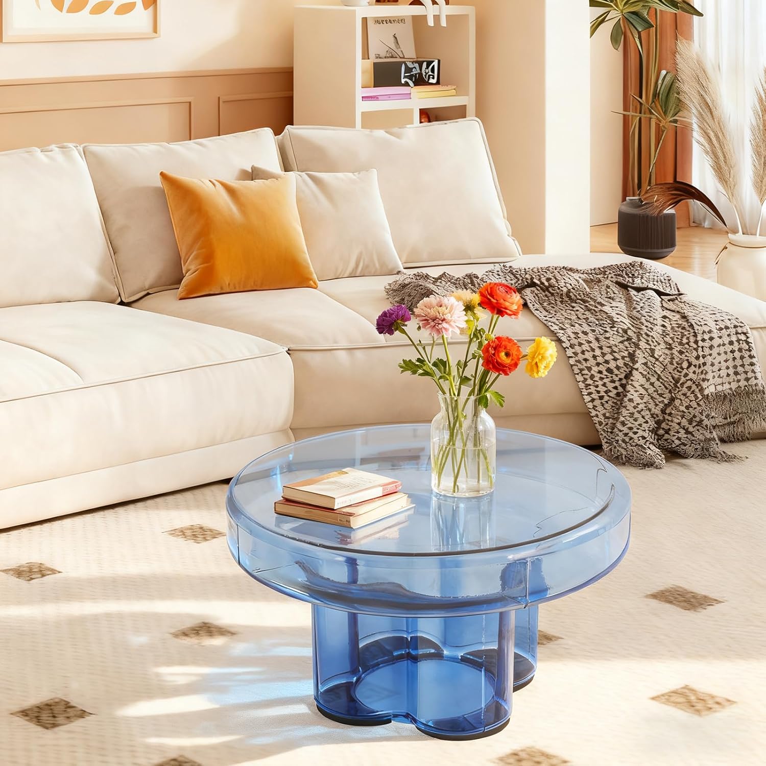 Coffee Side Table, Round Glass Side Table Floorstanding for Home Glass Coffee Table Floral-Shaped Modern Design Glass Tabletop Small End Table for Living Room, Bedroom 21.7 x11.8inch (Blue)