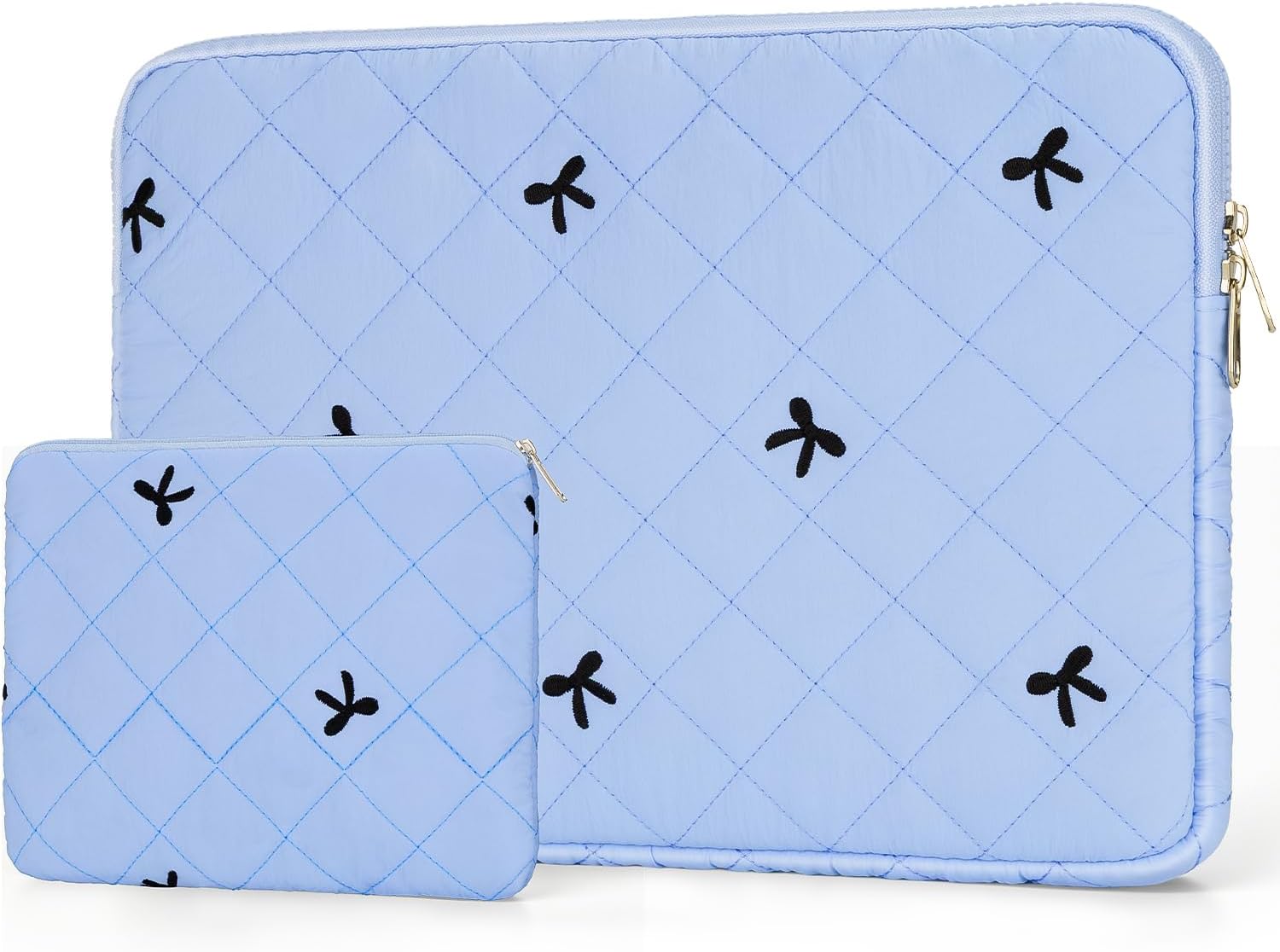 13-14 Inch Quilted Laptop Sleeve, Bow Embroidery with Pouch, Blue