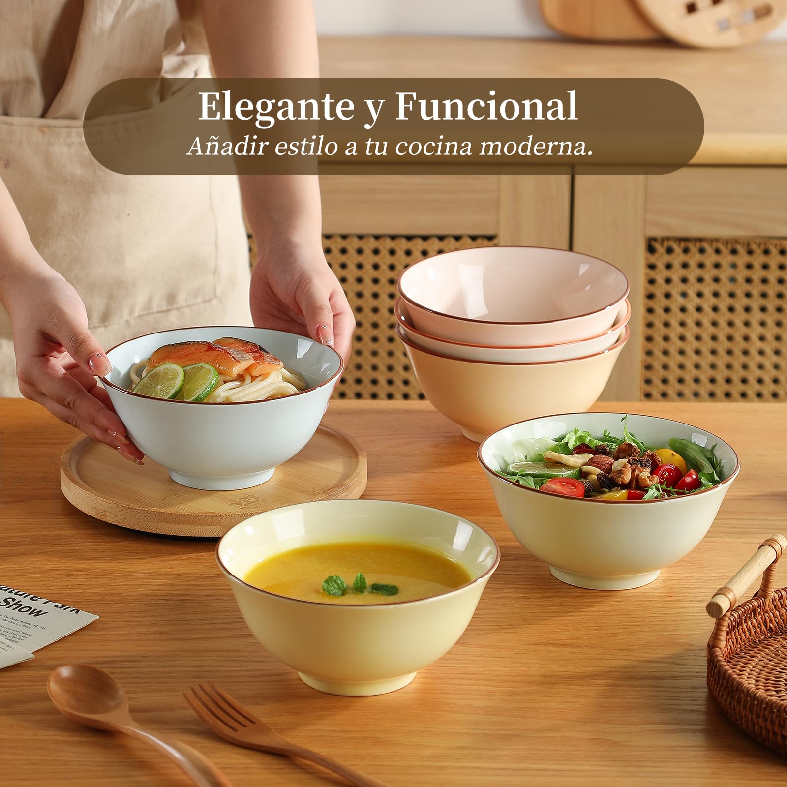 Cuencos Desayuno Bol Cereales Ceramica - Juego de 6 Cuencos Sopa Colores - Set de Tazones Desayuno Porcelana - Cuencos Cocina para Servir Arroz | Ensalada | Gazpacho | Consomé - 16 x 7,5 cm - 680 ml