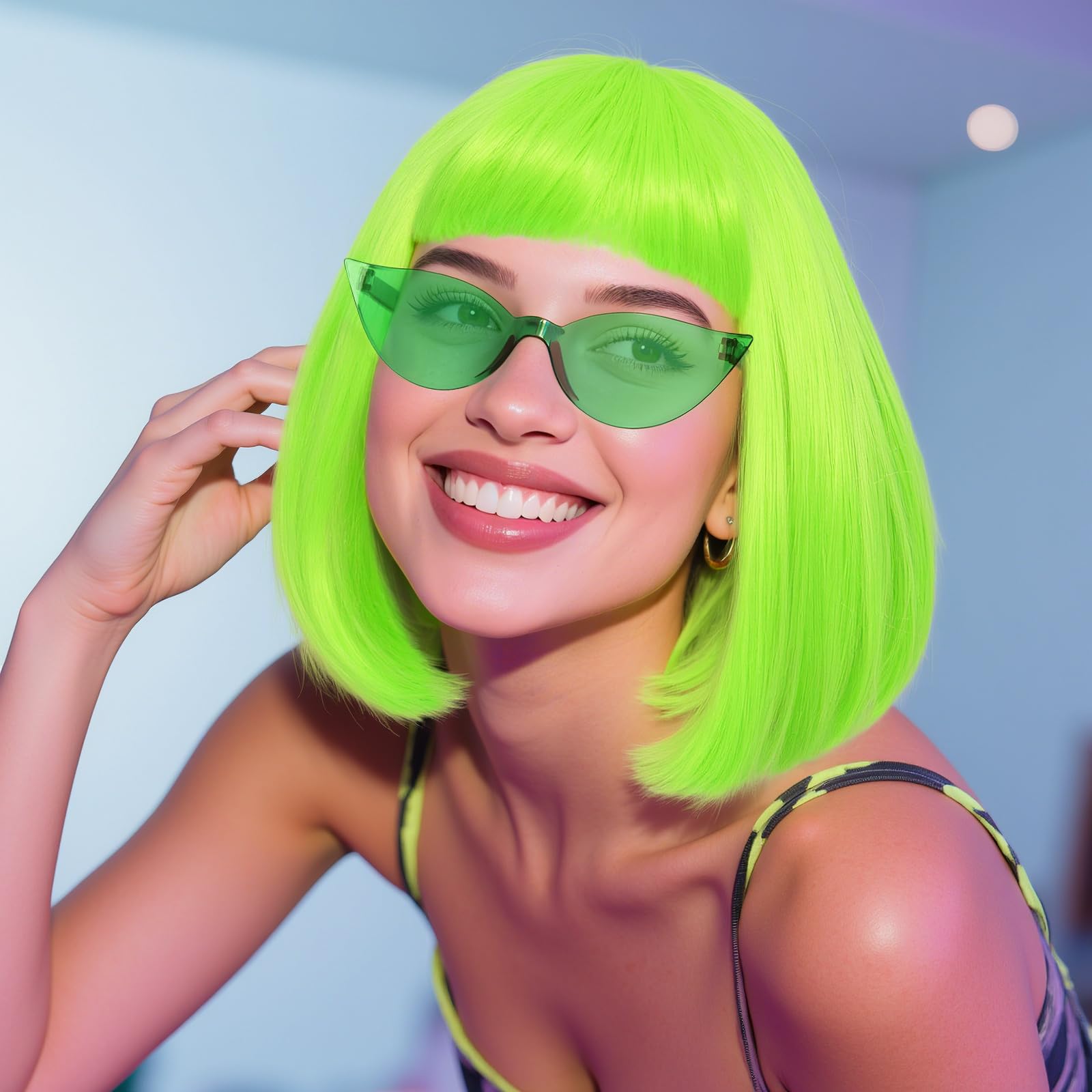 Green Bob Wigs Colorful 3 Pcs Funny Wigs for Women Costume Party Wig for St Patrick'S Day Short Neon Green Wig Cosplay Outfit Halloween Party +Sunglasses+clarahead Hair Cap - Image 3