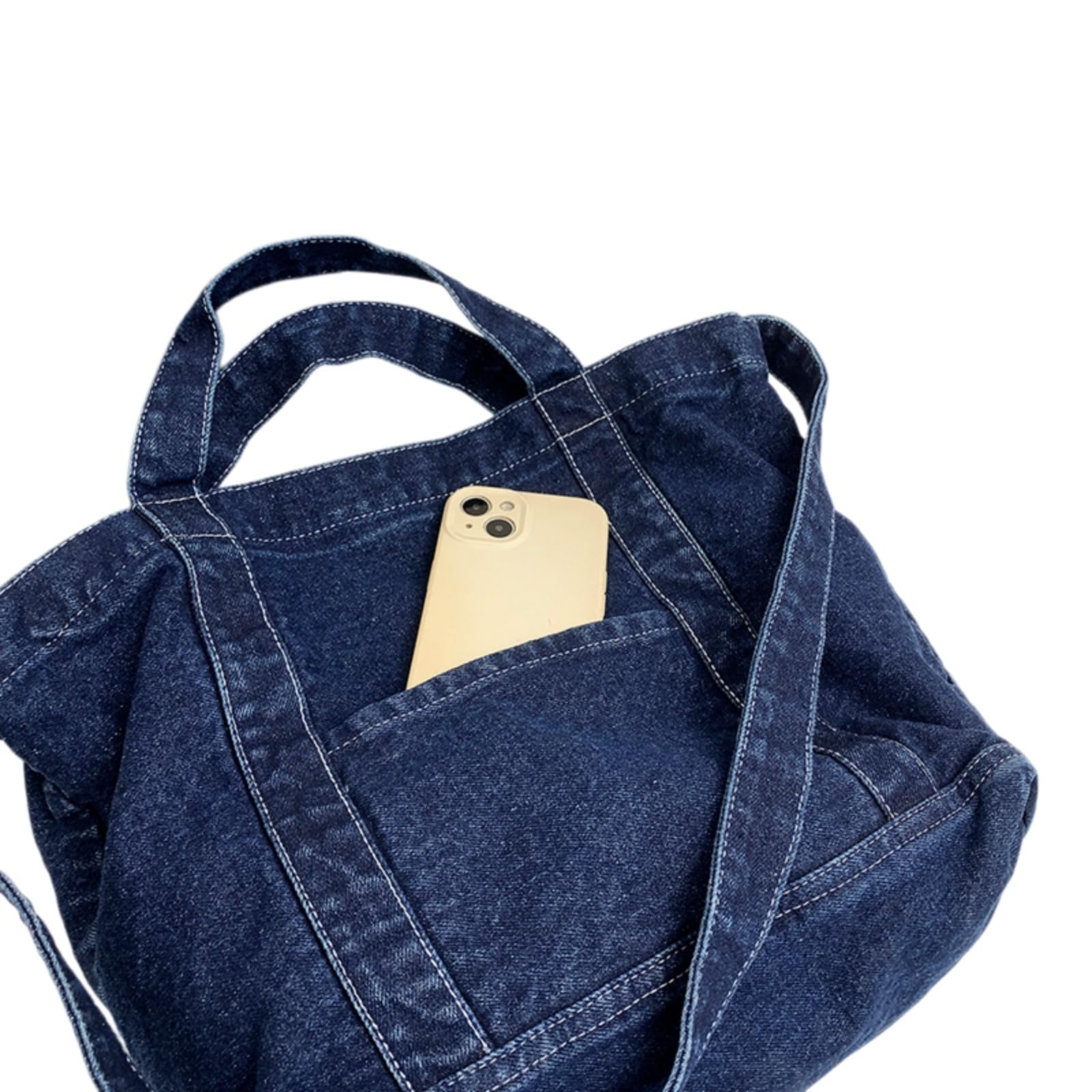 Beauty Case Borsa da Donna in Denim, A Spalla Casual con Doppie Maniglie E Tasca Anteriore per I Pendoli Giornalieri-Dark Blue