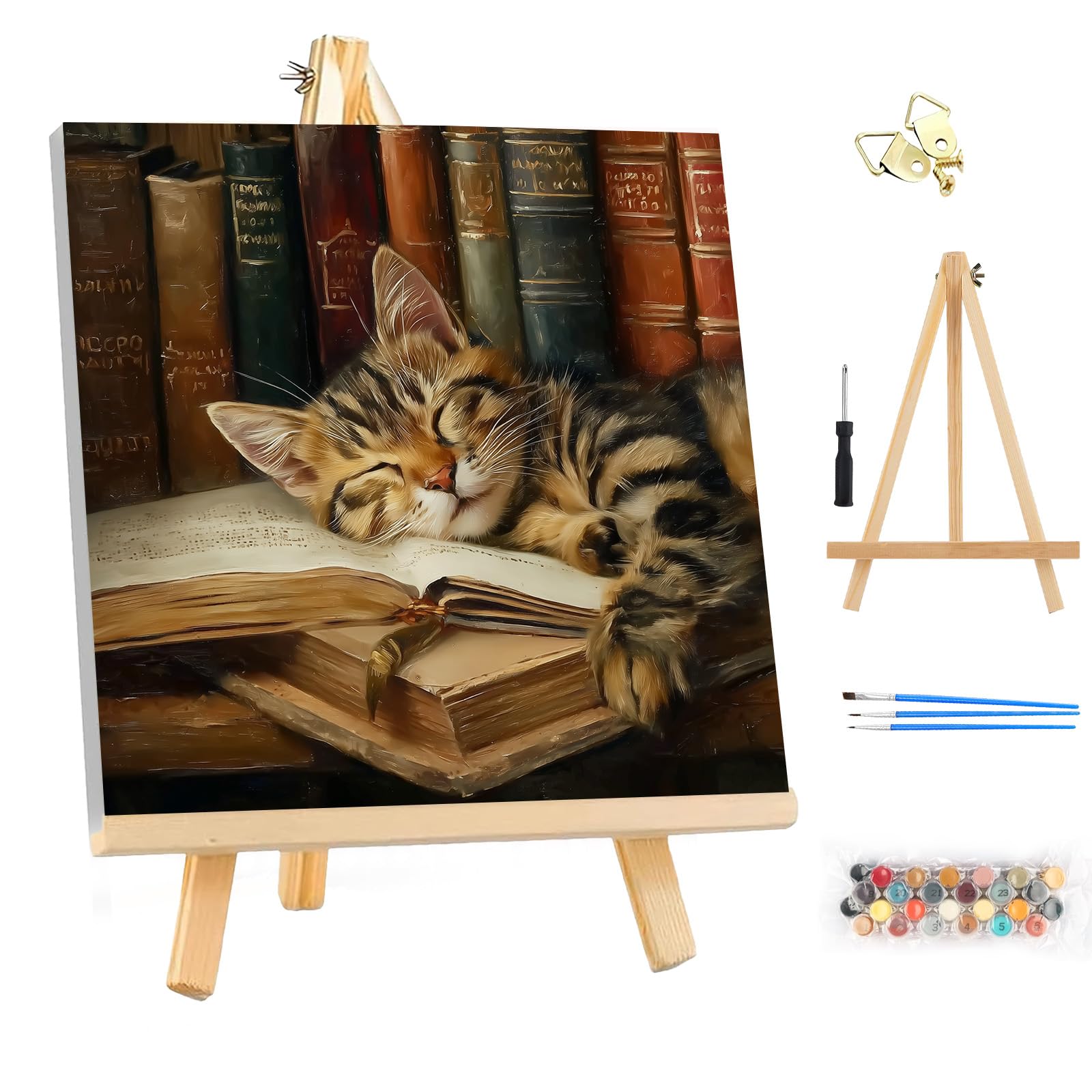 MEIYUDA DIY Paint by Numbers for Adults with Frame & Wooden Easel, Sleepy Cat Arts and Crafts Kit for Adults Beginner, Drawing Paintwork for Home Wall Decor 25x25cm