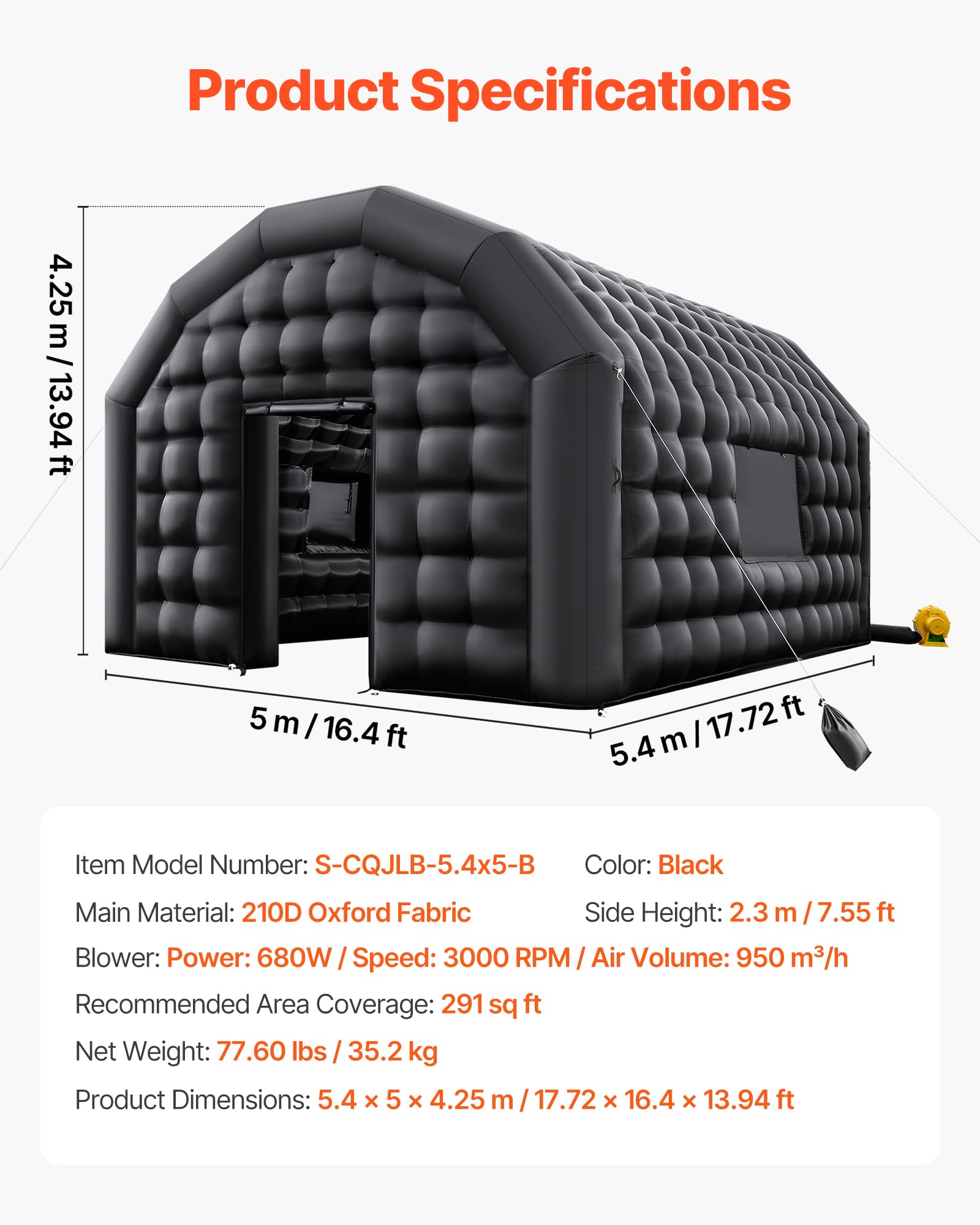 VEVOR Nadmuchiwany namiot dyskotekowy 5,4 x 5 x 4,25 m, z wentylatorem 680 W i workiem piasku, dmuchany namiot dyskotekowy z 2 oknami, na imprezy, urodziny, wesela i imprezy