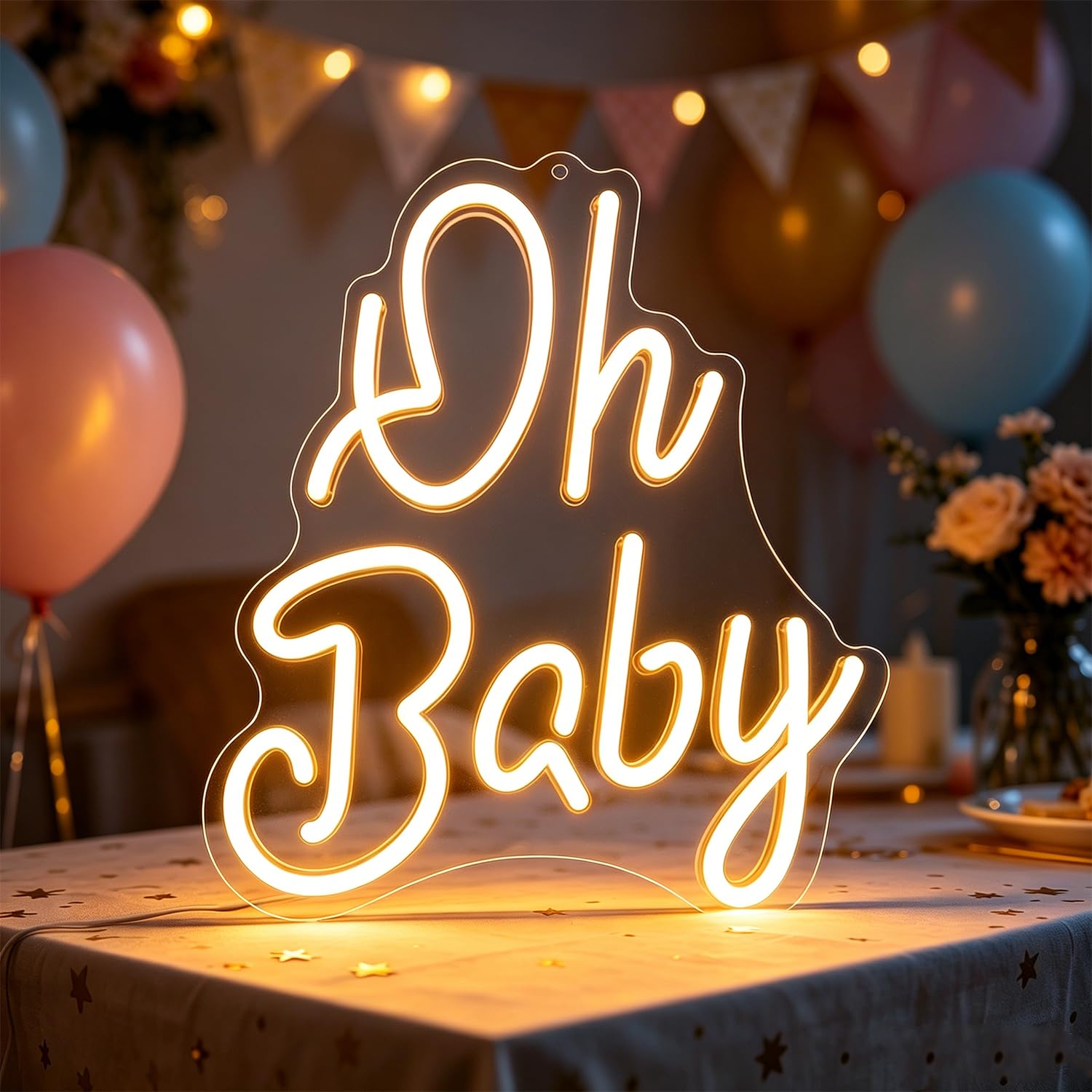Oh Baby Neon Sign Warm White LED Neon Sign Light Up for Wall Decor, Dimmable USB Powered Neon Light for Baby Shower Decor Birthday Party Gender Reveal Christening Day Nursery Decor 11”x12”