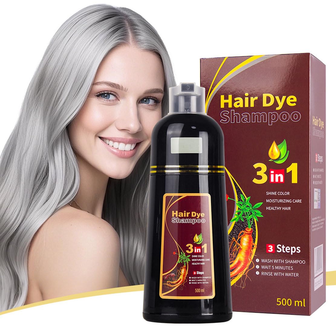 Haarfärbeshampoo, Grauabdeckung, einfach anzuwendende Haarfarbe, langanhaltende Haarfarbe, mit Ginseng und Kräuteressenzen, für Frauen und Männer, 9 Trendfarben, für alle Haartypen (Sliver)