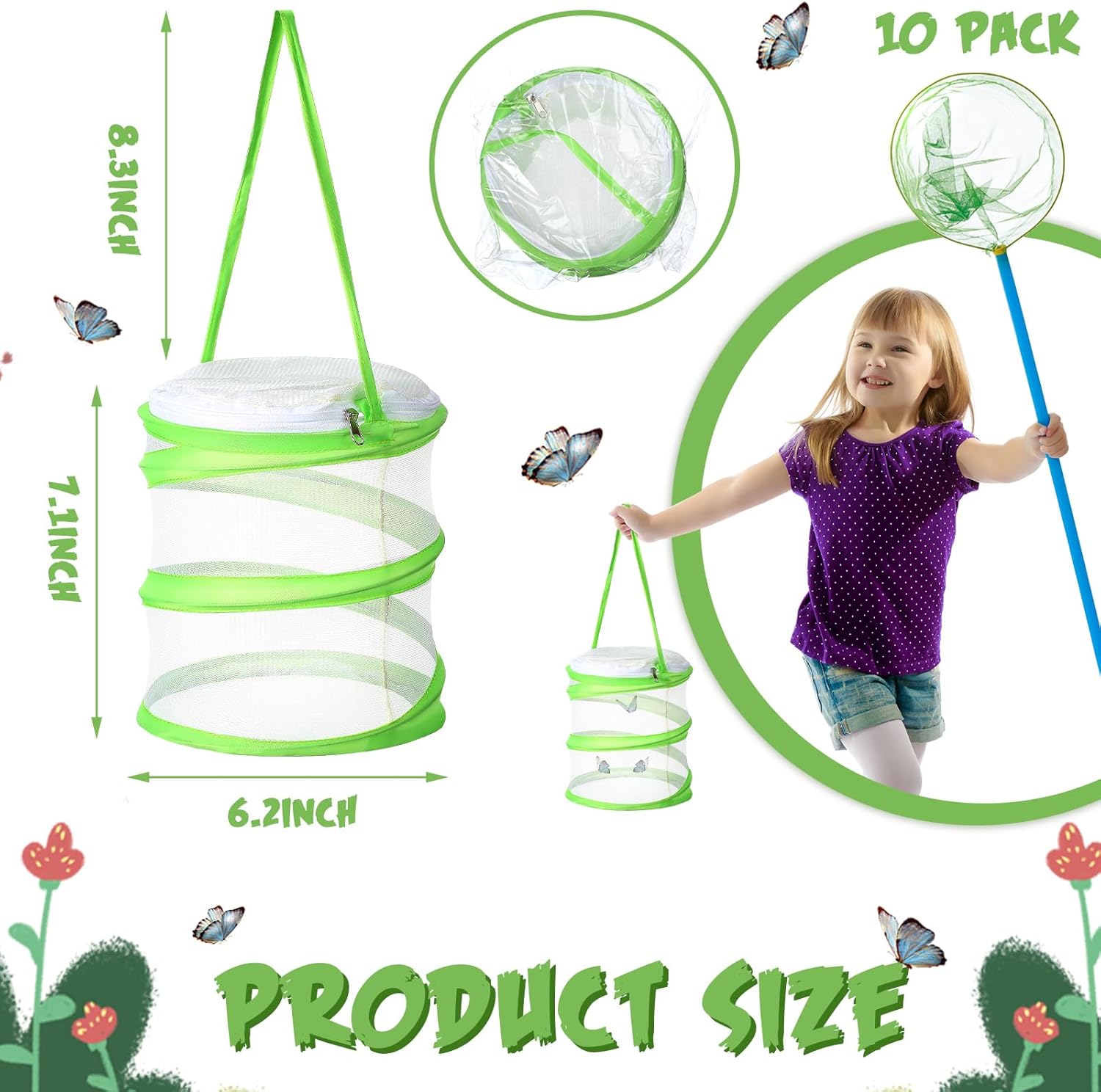Sherr 10 Pcs Mini Butterfly Habitat Cage Clear Mesh Butterfly Net Cage Container Foldable Terrarium, 6.2x7.1inch (Green)