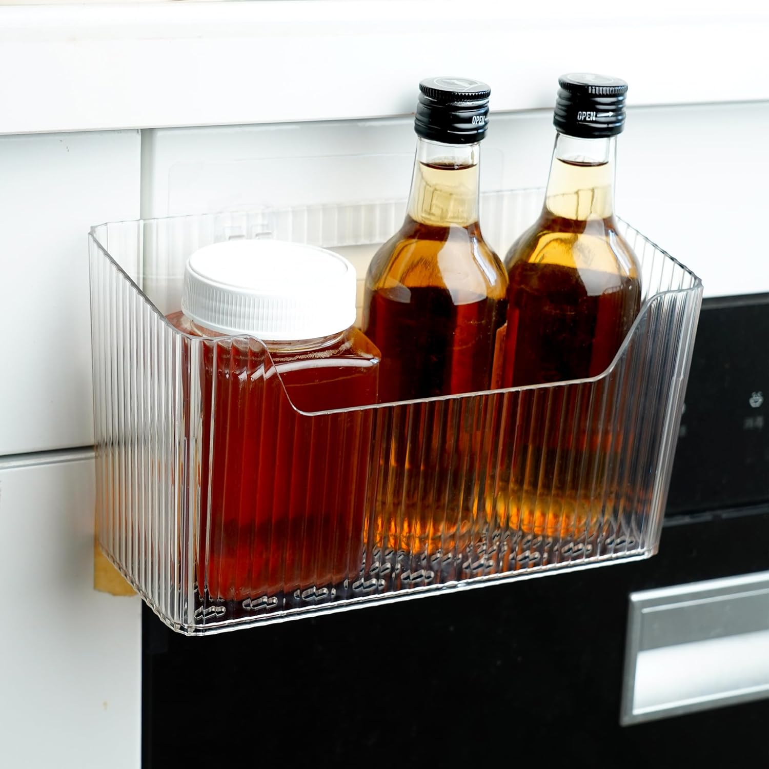 2 Pack Cabinet Door Organizer, Adhesive Wall Mounted Organizer Bins, Clear Storage Caddy, Stackable Basket for Kitchen Cabinets, Bathroom, Pantry, Office, and Tabletop Organization - Image 5