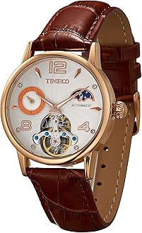 TIME100 Mens Automatic Mechanical Wrist Watches Leather Sun Moon Phrase Luxury Skeleton Luminous Hands Self-Wind Watch Rose Gold